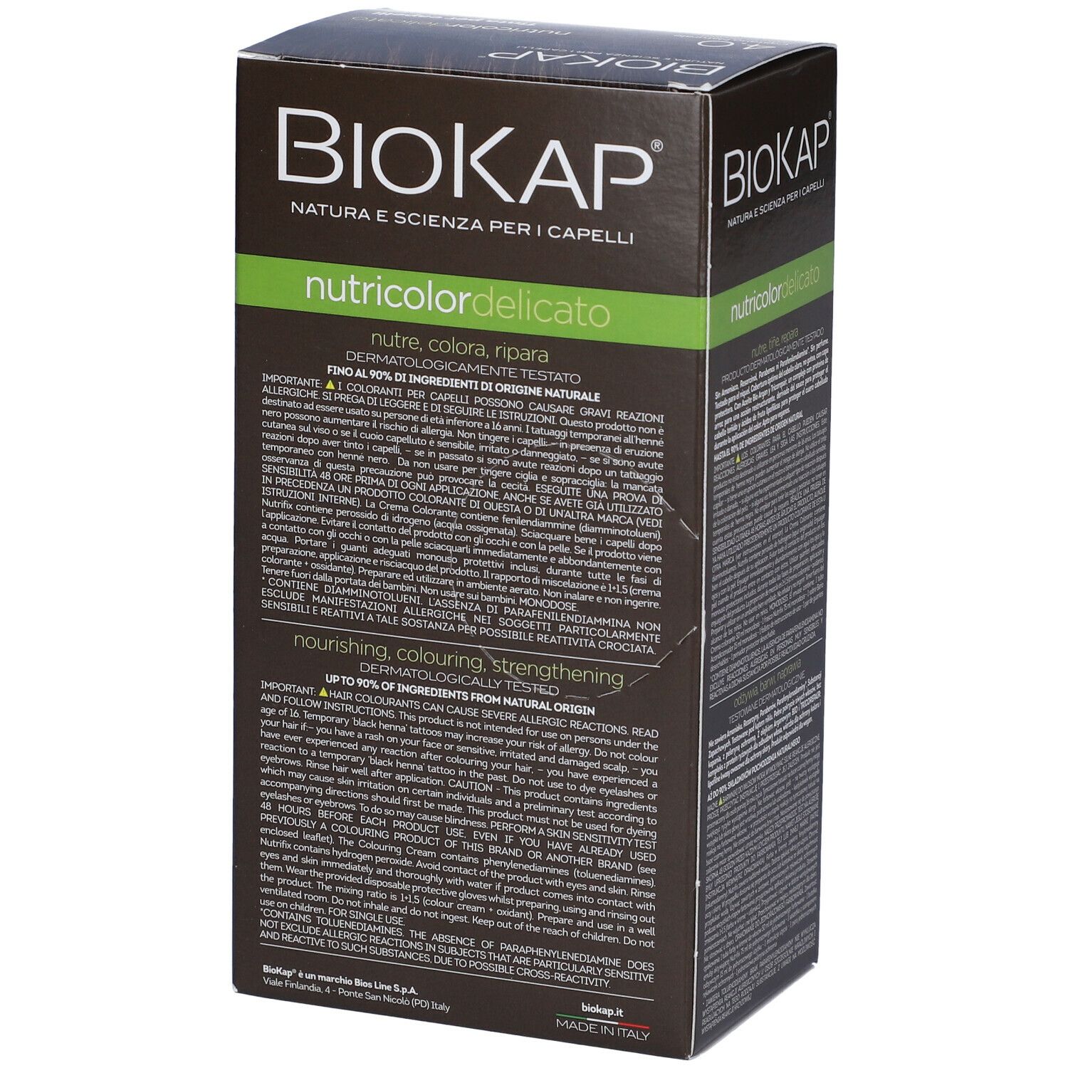 Braune Haarfärbemittel-Schachtel. Aufschrift: BioKap Nutricolor Delicato. Text auf der Rückseite.