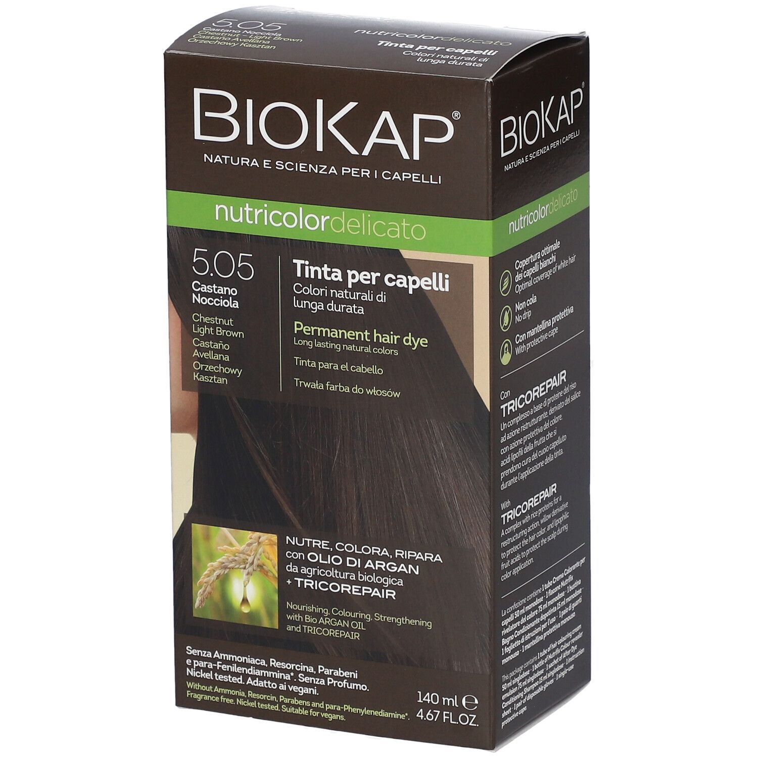 BioKap Nutricolor Delicato 5.05 Kastanie-Haselnuss. Haarfarbe in einer braunen Schachtel. Enthält Informationen zu Inhaltsstoffen und Eigenschaften.