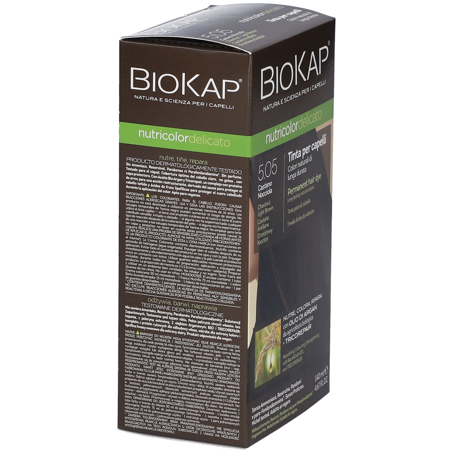 BioKap Nutricolor Delicato 5.05 Kastanie-Haselnuss. Seitenansicht der Haarfarbenverpackung mit Text und Produktinformationen.
