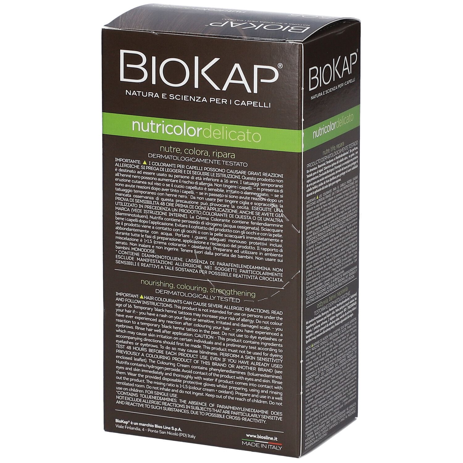 Rückseite der BioKap Nutricolor Delicato 5.05 Kastanie-Haselnuss Haarfarbenverpackung. Enthält Produktinformationen und Warnhinweise.
