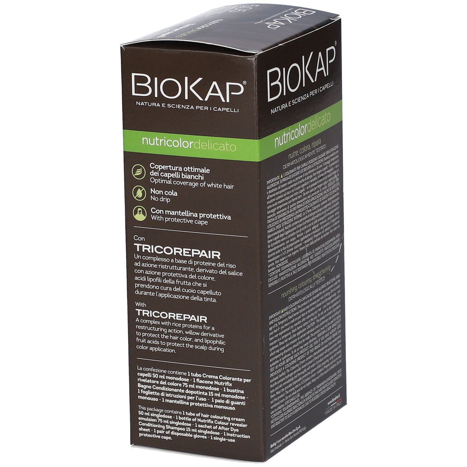 BioKap Nutricolor Delicato 5.05 Kastanie-Haselnuss. Verpackung mit Produktmerkmalen, wie optimale Grauhaarabdeckung und Schutz.