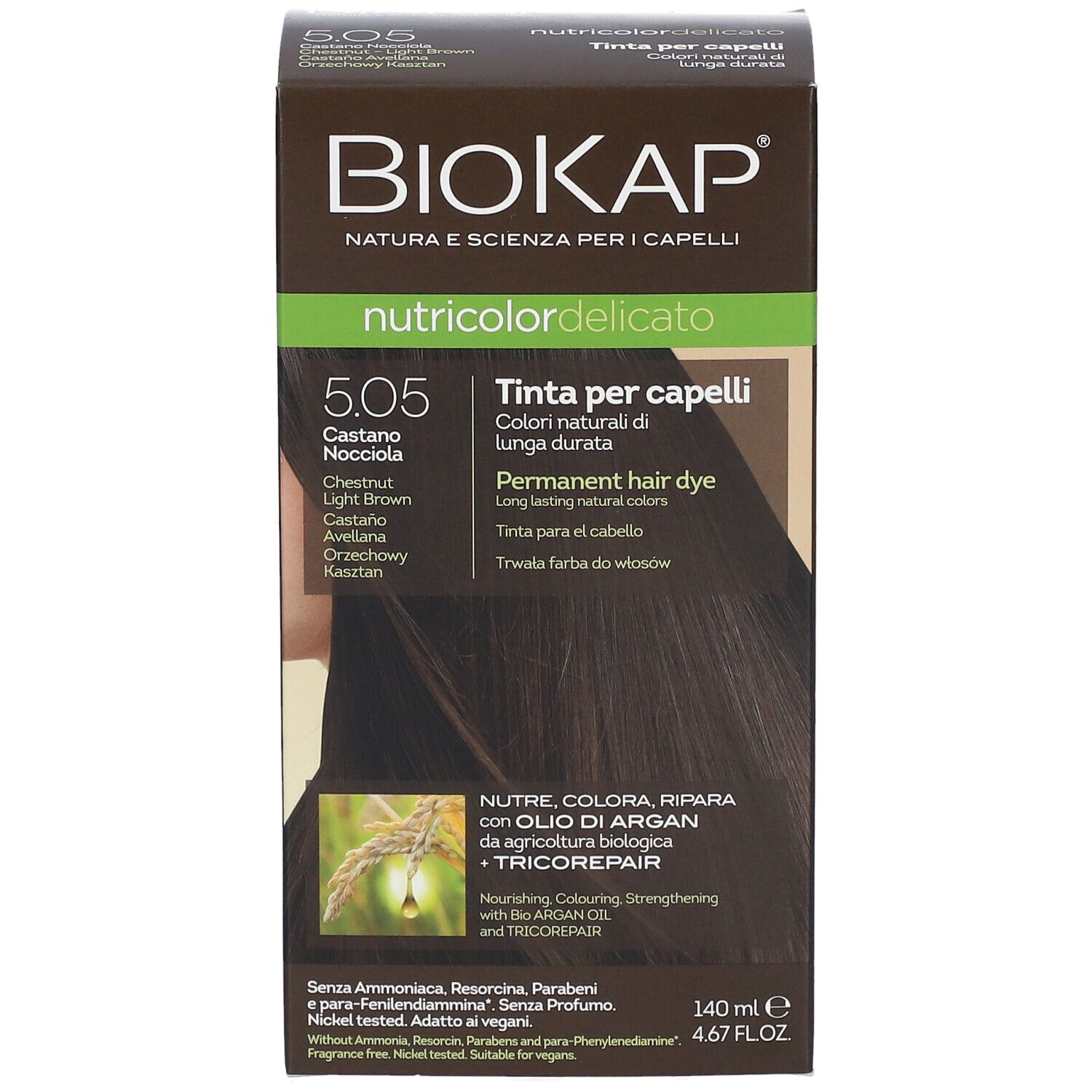 BioKap Nutricolor Delicato 5.05 Kastanie-Haselnuss Haarfarbe. Braune Verpackung mit Produktnamen und Farbtonbezeichnung.
