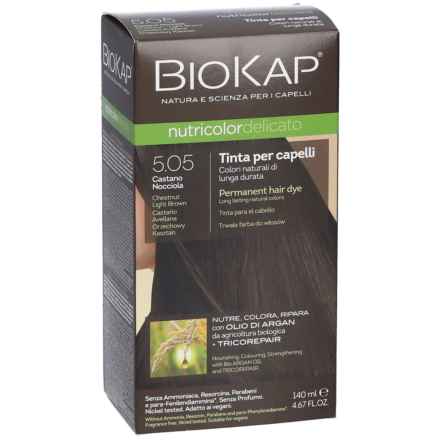 BioKap Nutricolor Delicato 5.05 Kastanie-Haselnuss. Ansicht der Haarfarbenverpackung mit Produktnamen und Farbtonbezeichnung.