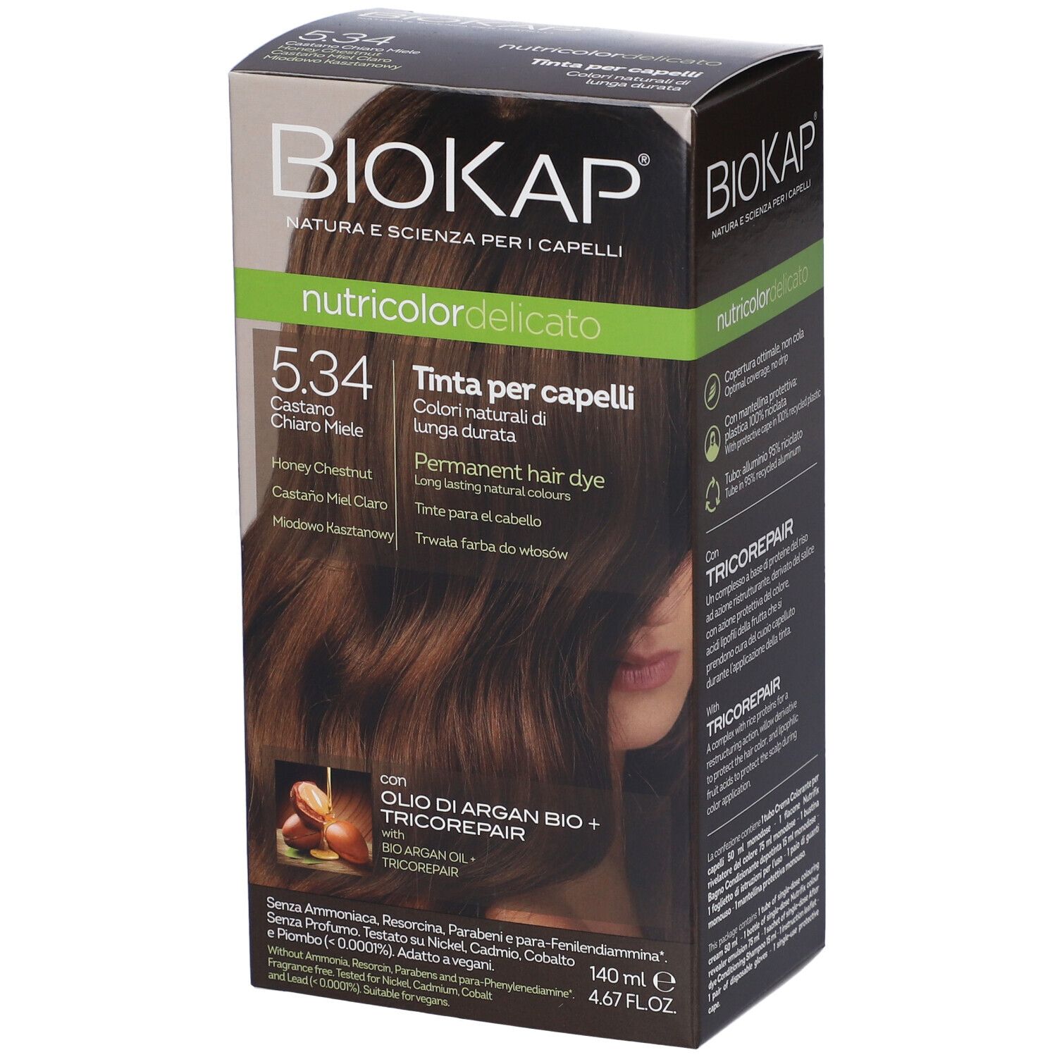 BioKap Nutricolor Delicato 5.34 Helle Kastanie. Haarfarben-Box mit Produktabbildung und Text. Enthält Arganöl und Tricorepair.