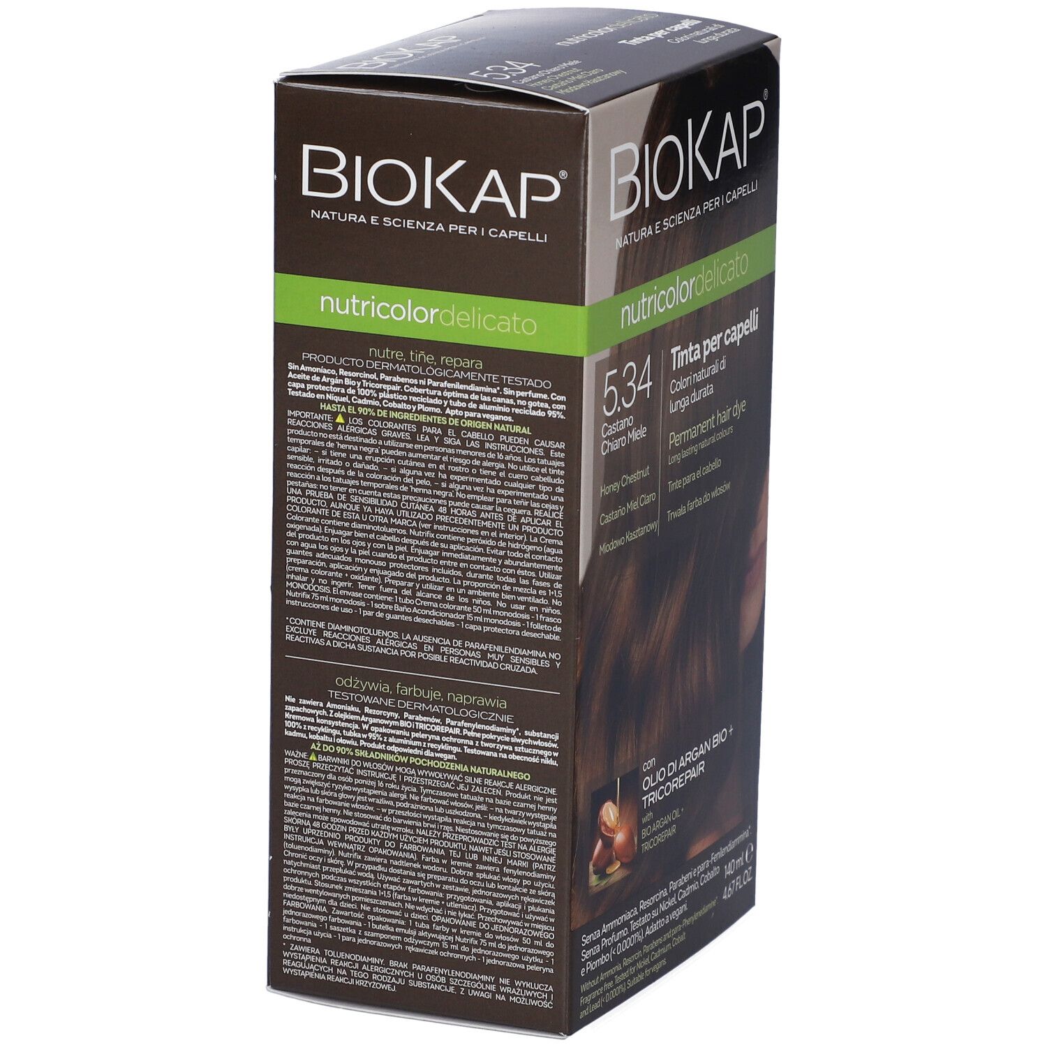 Rückseite der BioKap Nutricolor Delicato 5.34 Haarfarben-Box. Text in mehreren Sprachen. Enthält Informationen zum Produkt.