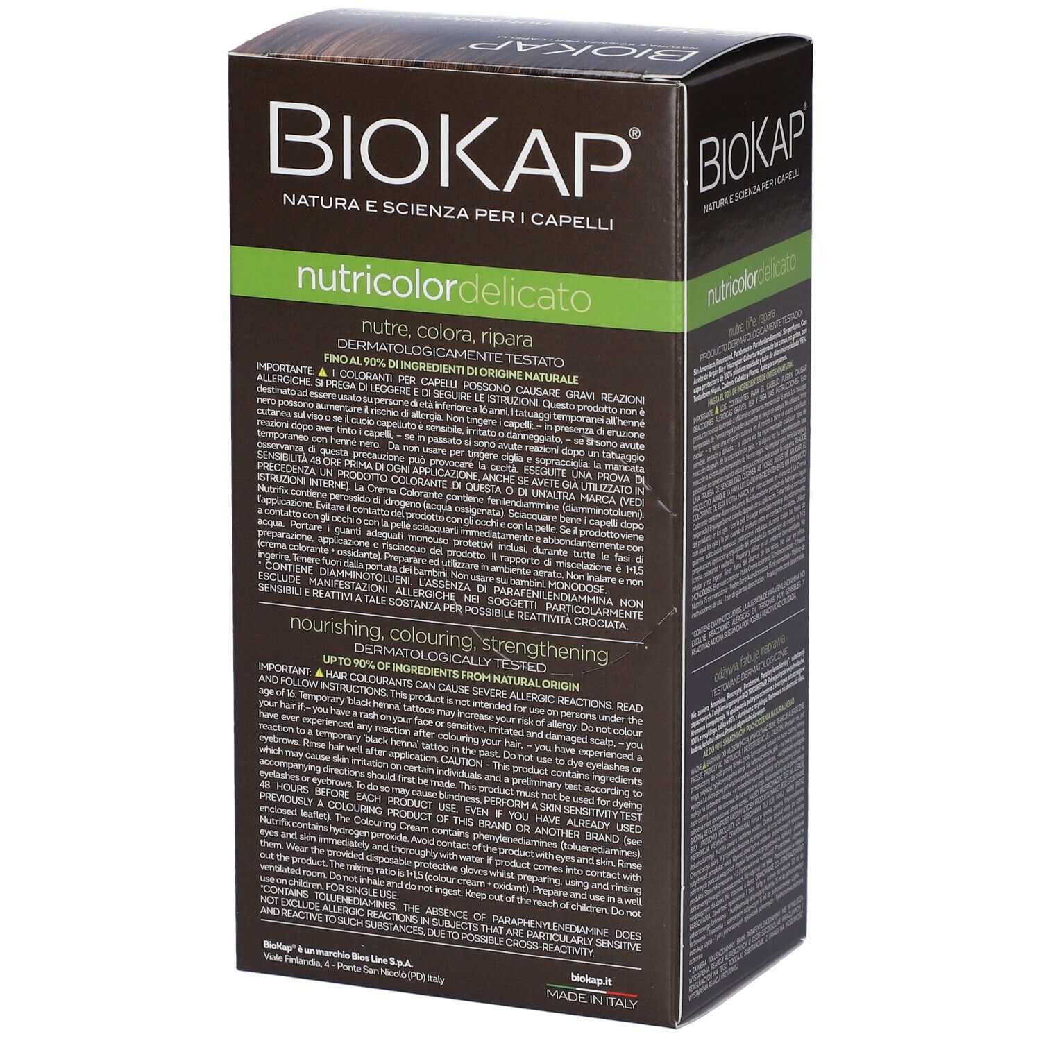 BioKap Nutricolor Delicato 5.34 Haarfarben-Box. Text und Logos. Enthält Informationen über die Inhaltsstoffe und Vorteile.