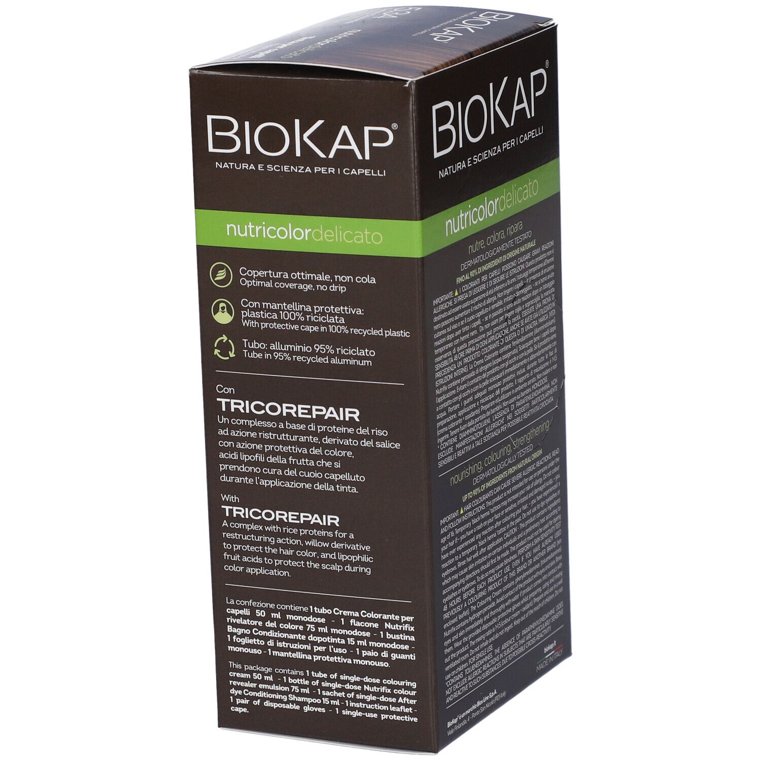 Seite der BioKap Nutricolor Delicato 5.34 Haarfarben-Box. Enthält Informationen über die Inhaltsstoffe und die Verpackung.