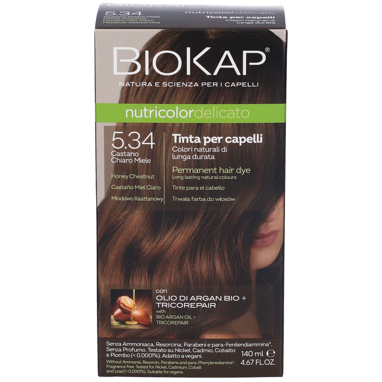 BioKap Nutricolor Delicato 5.34 Helle Kastanie Haarfarben-Box. Produktabbildung und Text. Enthält Arganöl und Tricorepair.