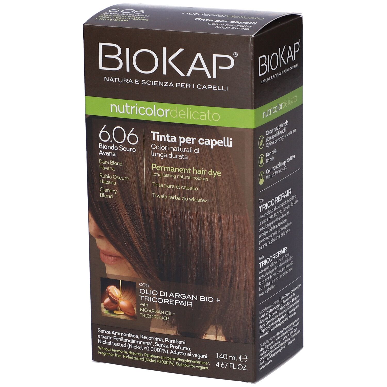 Scatola tinta per capelli Biokap nutricolor delicato 6.06 Biondo Scuro Avana. Con olio di Argan e Tricorepair. Vista frontale.