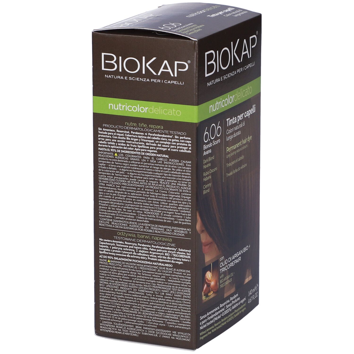Scatola tinta per capelli Biokap nutricolor delicato. Retro con testo multilingue. Contiene informazioni.