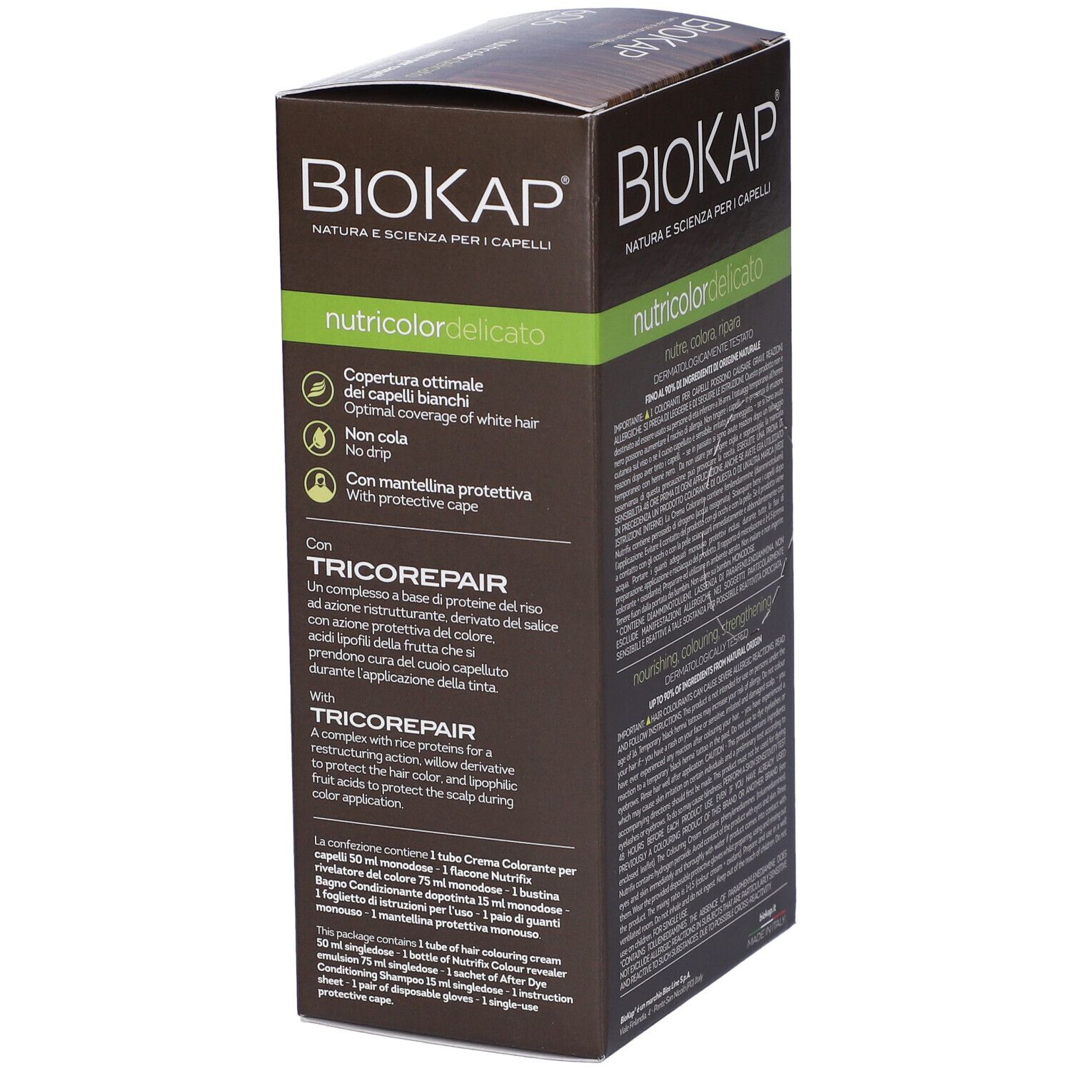 Scatola tinta per capelli Biokap nutricolor delicato. Lato con vantaggi del prodotto. Contiene informazioni.