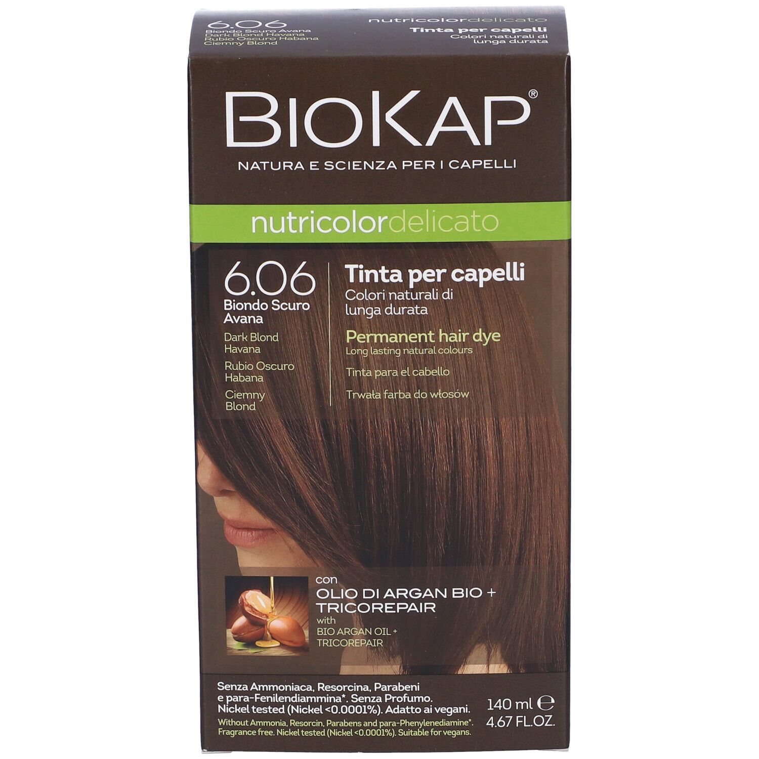 Scatola tinta per capelli Biokap nutricolor delicato 6.06 Biondo Scuro Avana. Con olio di Argan e Tricorepair.