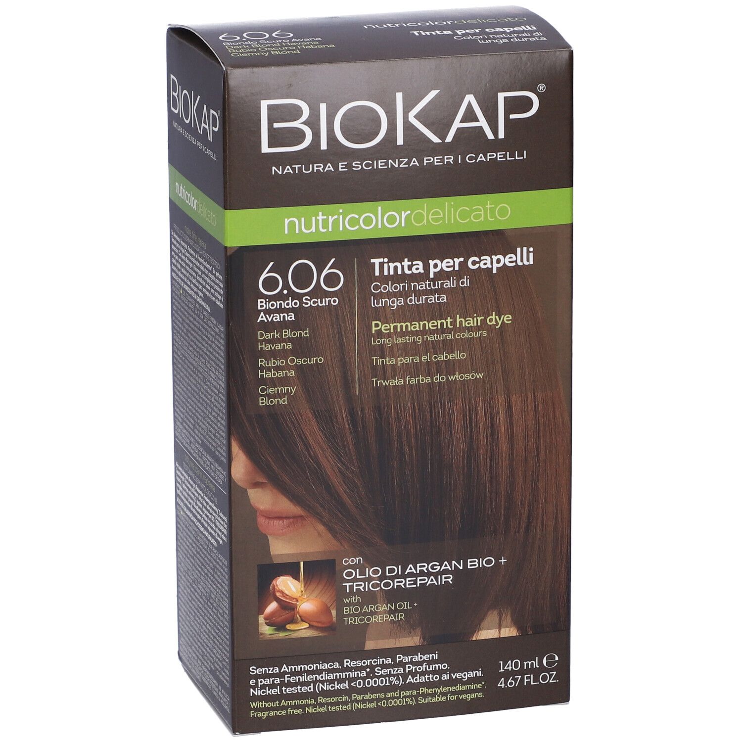Scatola tinta per capelli Biokap nutricolor delicato 6.06 Biondo Scuro Avana. Con olio di Argan e Tricorepair.