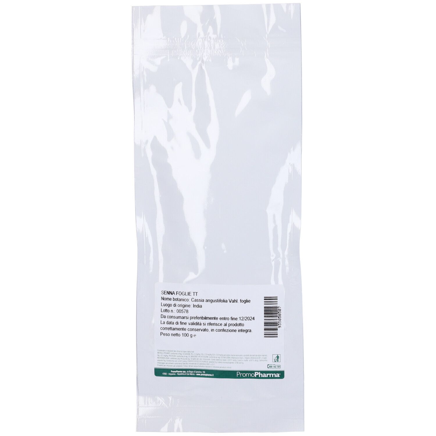 Confezione con testo. Nome prodotto: Senna Foglie. Produttore: Promopharma. Codice a barre.