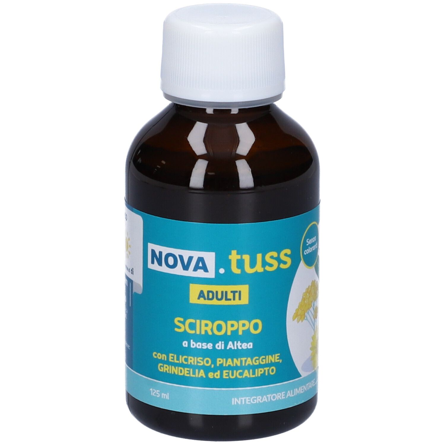 Flacone di vetro marrone con tappo bianco. Etichetta con NOVA.TUSS Sciroppo Adulti. 125 ml. Senza coloranti.