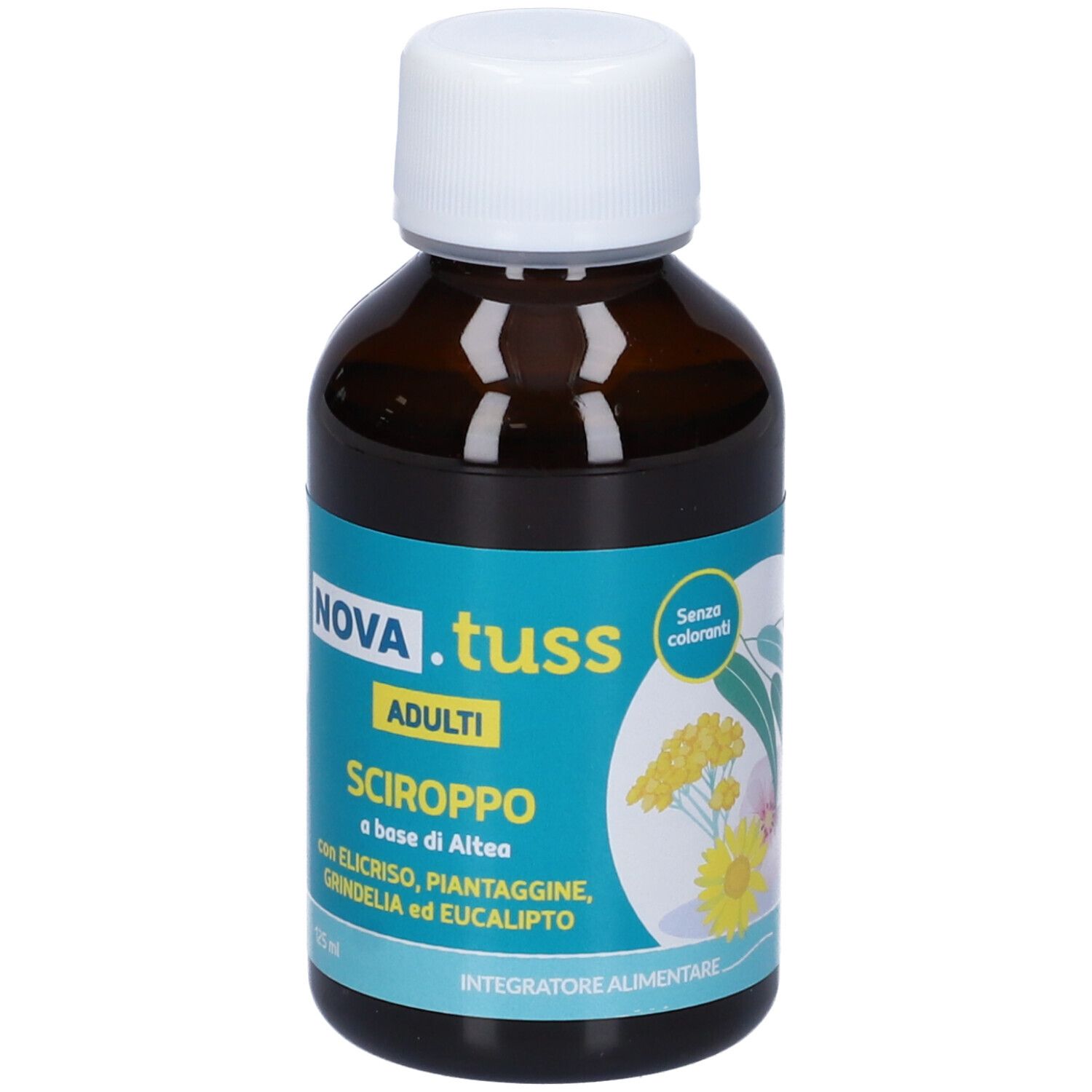 Flacone di vetro marrone con tappo bianco. Etichetta con NOVA.TUSS Sciroppo Adulti. 125 ml.