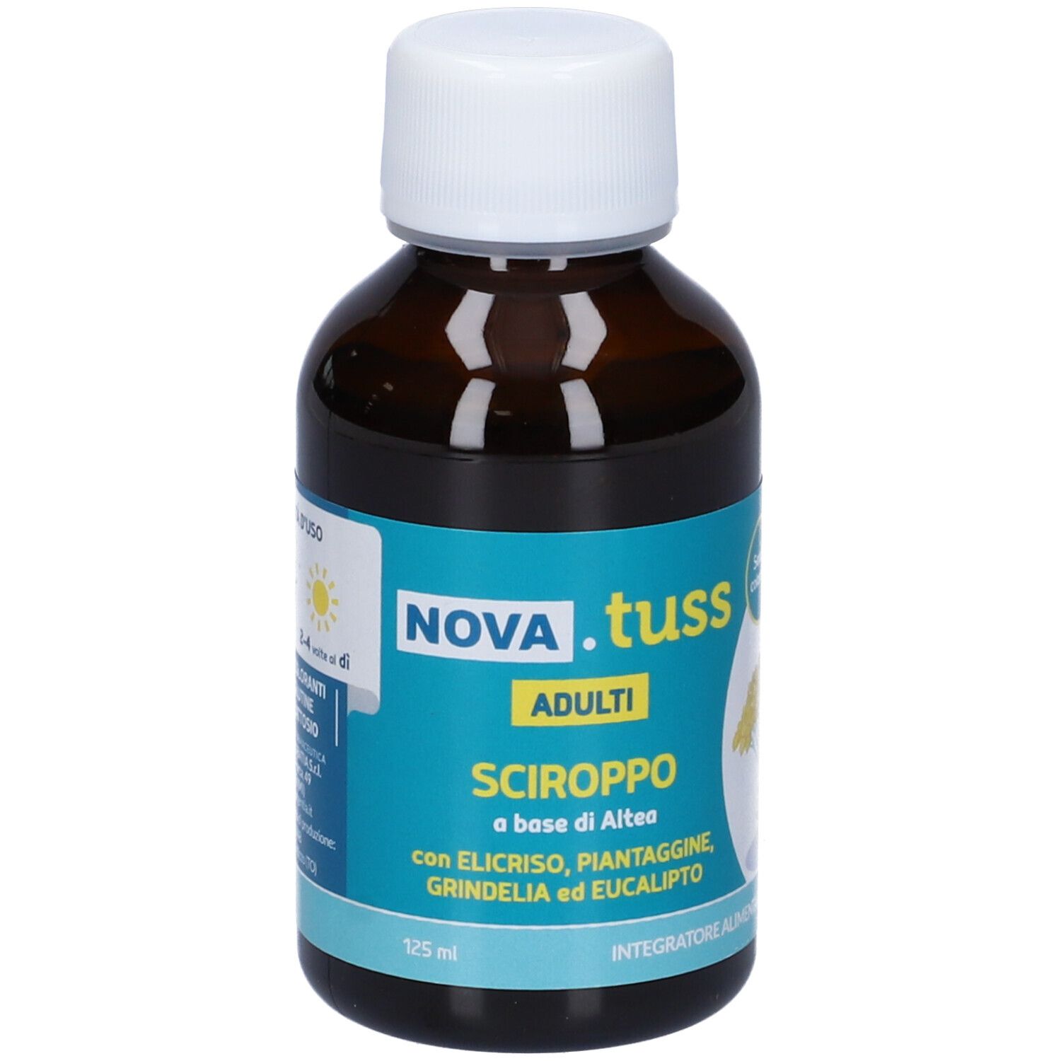 Flacone di vetro marrone con tappo bianco. Etichetta con NOVA.TUSS Sciroppo Adulti. 125 ml. Istruzioni per l'uso.