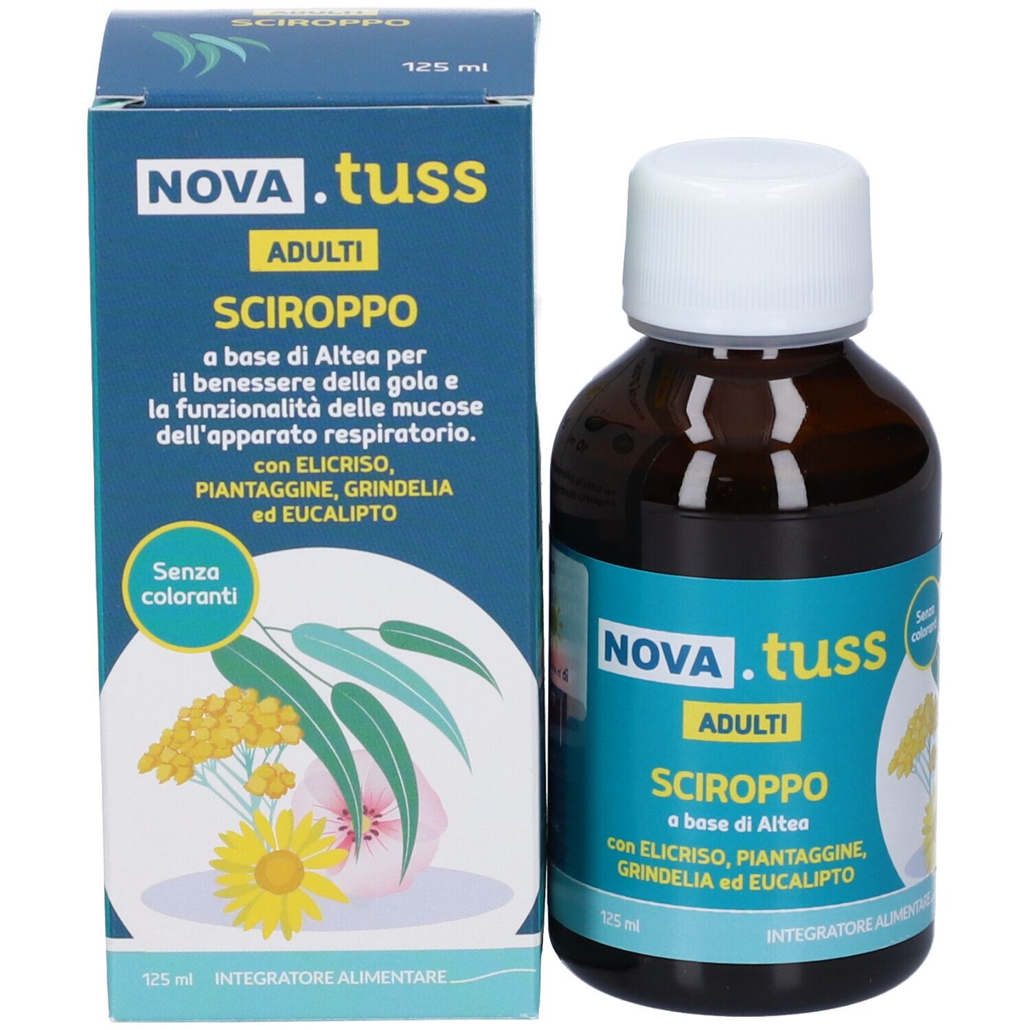 Flacone di vetro marrone e confezione di NOVA.TUSS Sciroppo Adulti. 125 ml. Senza coloranti. Illustrazione di piante.
