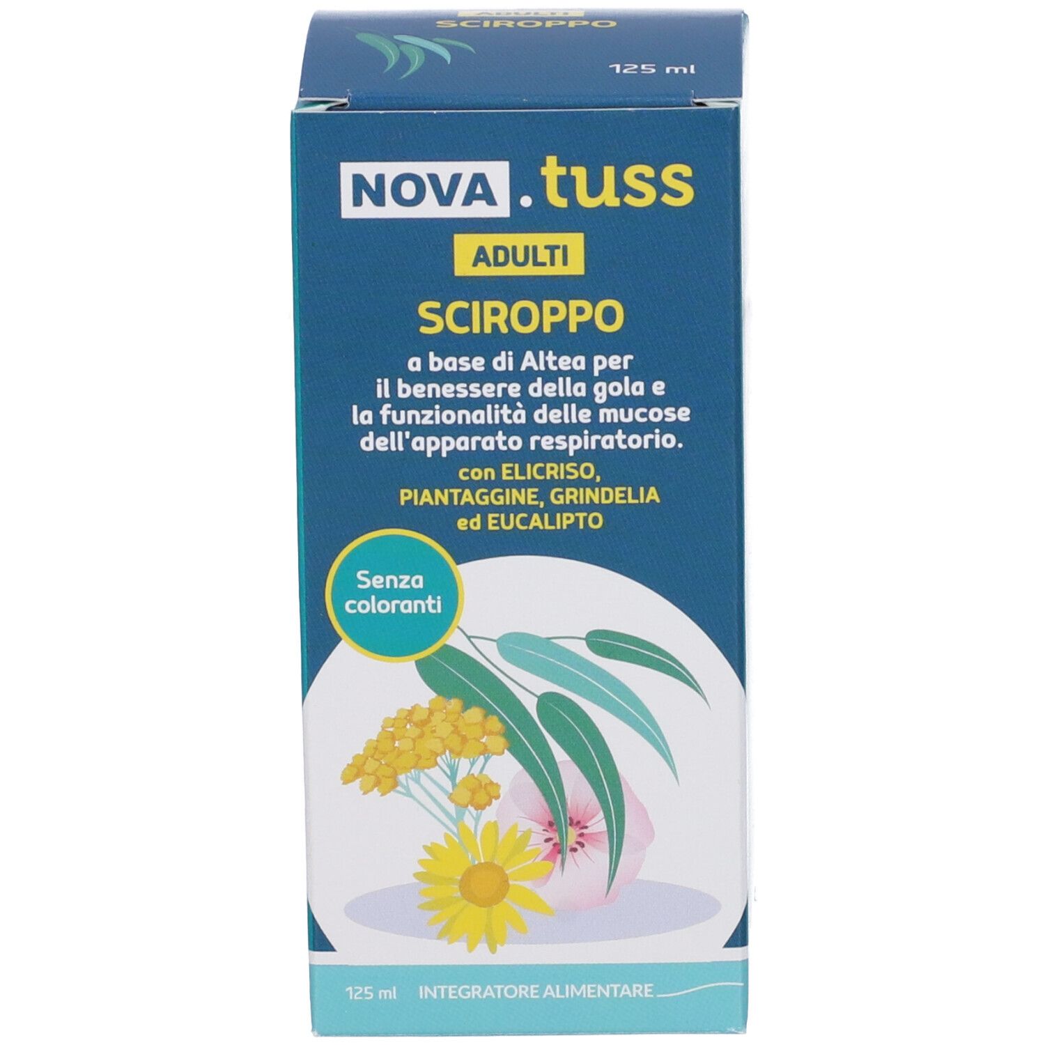 Confezione di NOVA.TUSS Sciroppo Adulti. 125 ml. Senza coloranti. Illustrazione di piante.