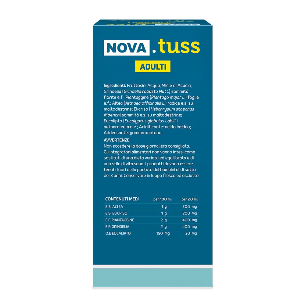 Retro della confezione di NOVA.TUSS Sciroppo Adulti. Contiene un elenco degli ingredienti e informazioni nutrizionali.