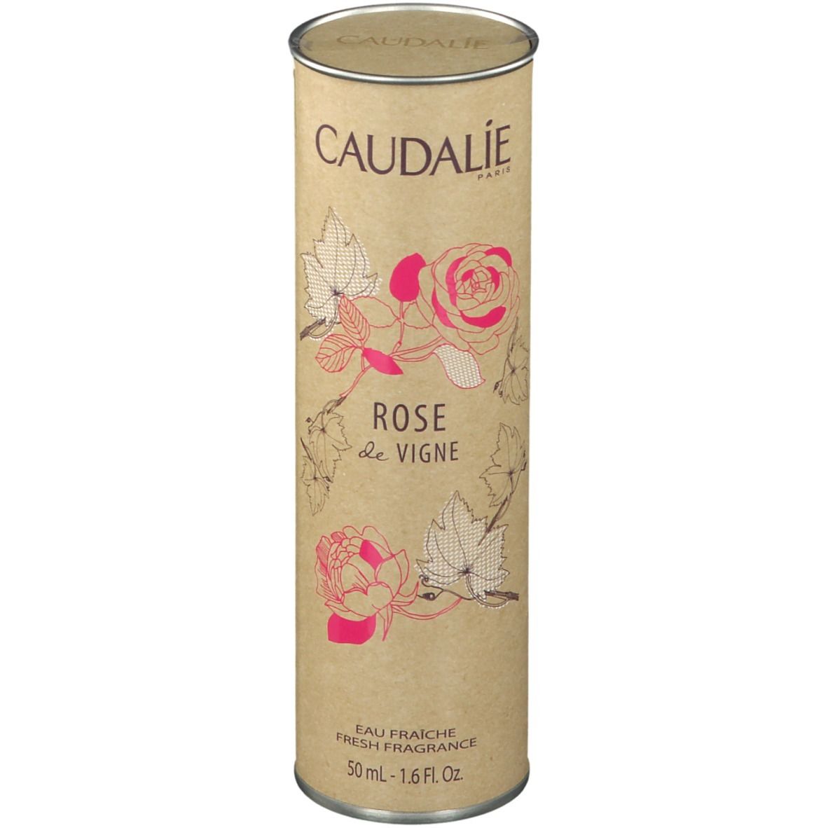 Confezione cilindrica. Logo Caudalie, nome del prodotto e illustrazioni floreali. Scritta 'Eau Fraîche'.