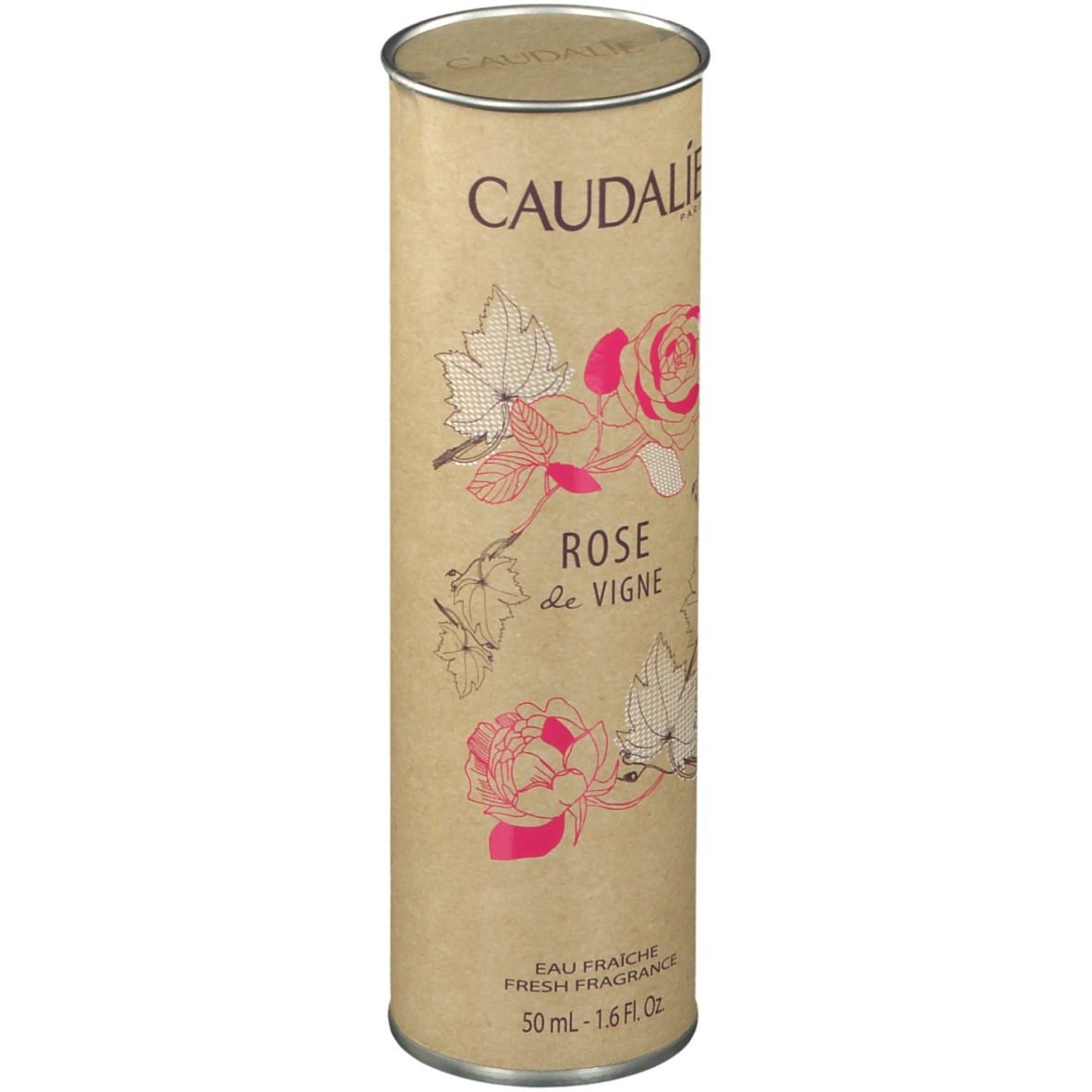Confezione cilindrica. Logo Caudalie, nome del prodotto e illustrazioni floreali. Scritta 'Eau Fraîche'.