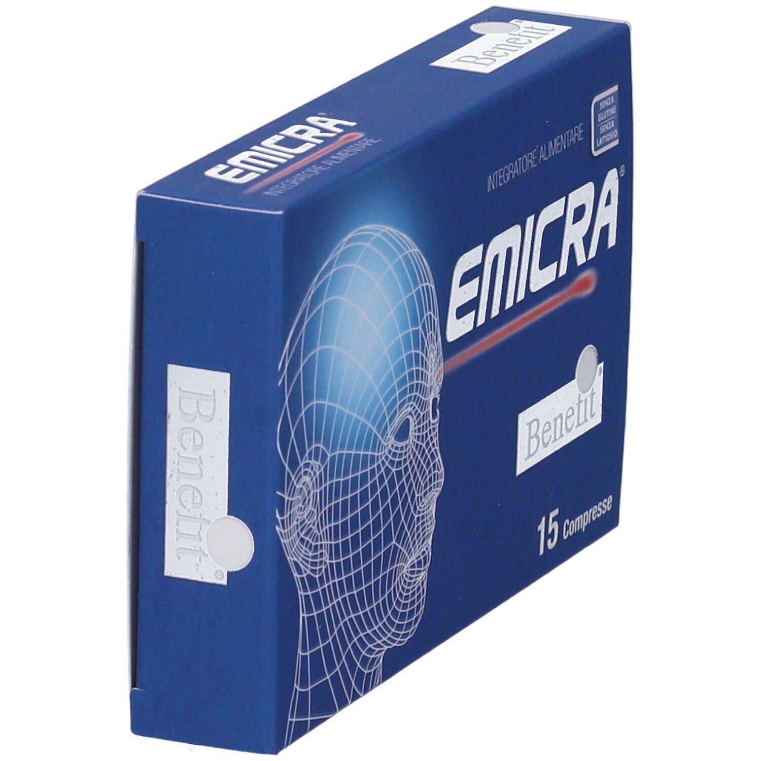 Scatola blu "Emicra" con volto stilizzato. Contiene 15 compresse. Scritta: "Integratore Alimentare". Senza glutine e lattosio.