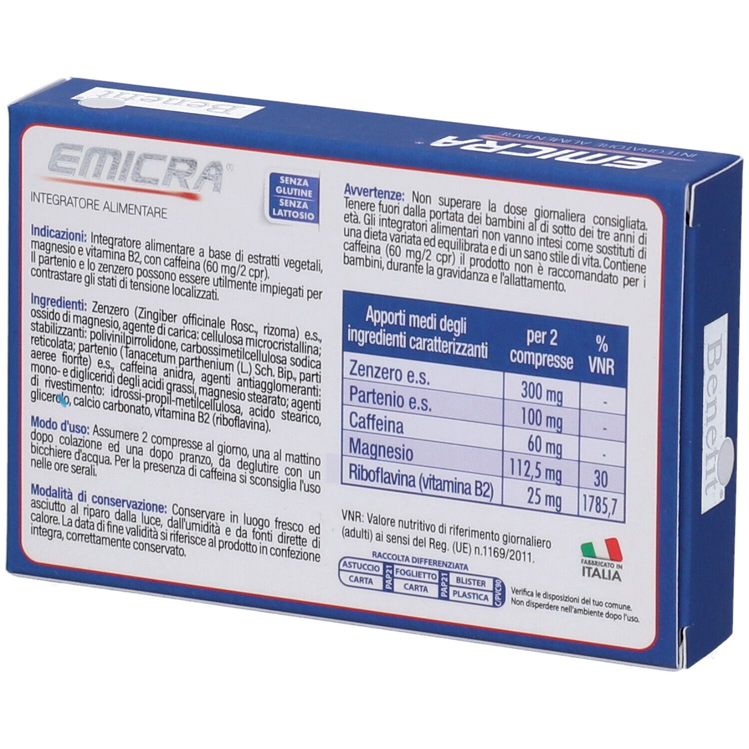 Retro scatola blu "Emicra". Contiene informazioni su ingredienti e valori nutrizionali. Testo in italiano.