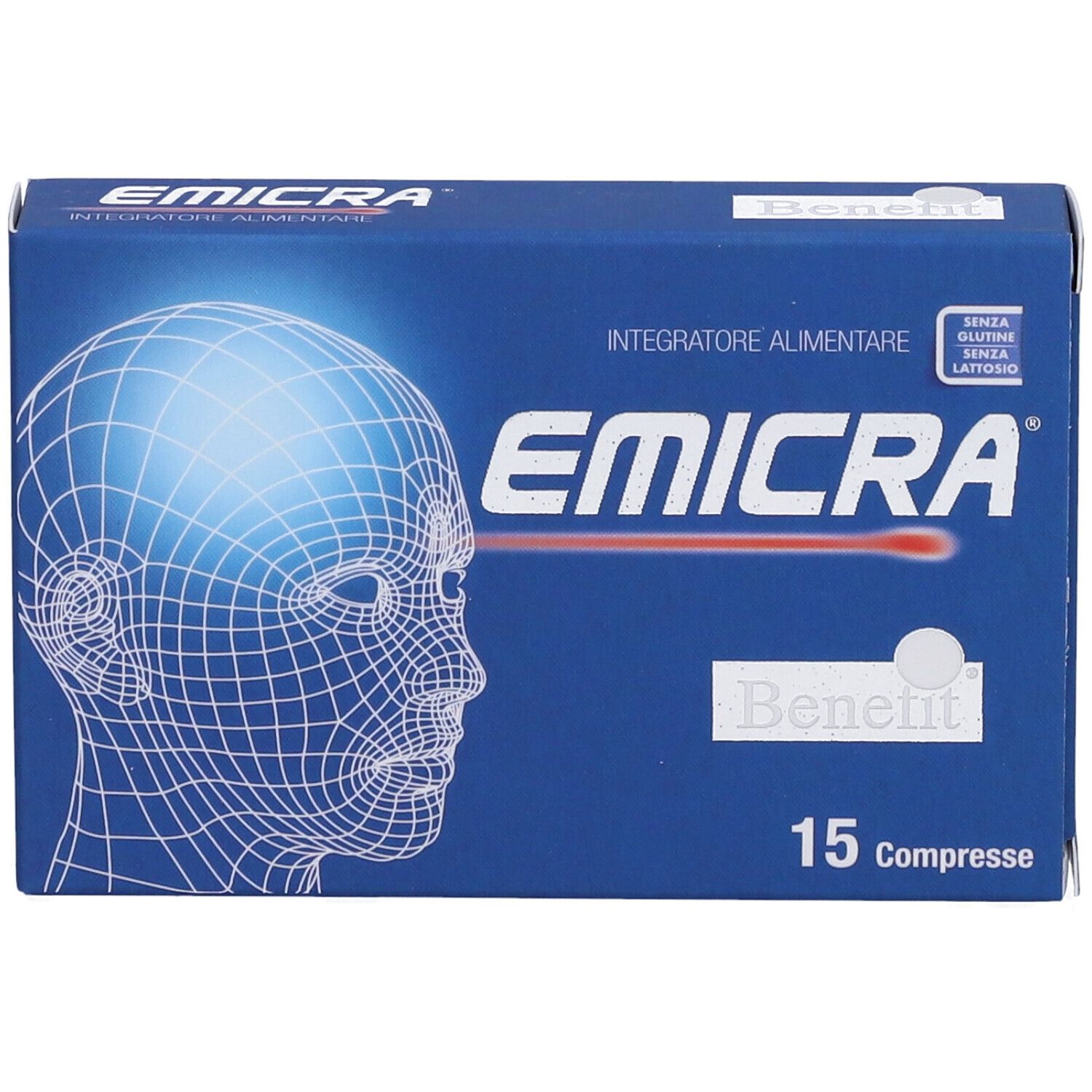 Scatola blu "Emicra" con volto stilizzato. Contiene 15 compresse. Scritta: "Integratore Alimentare". Senza glutine e lattosio.