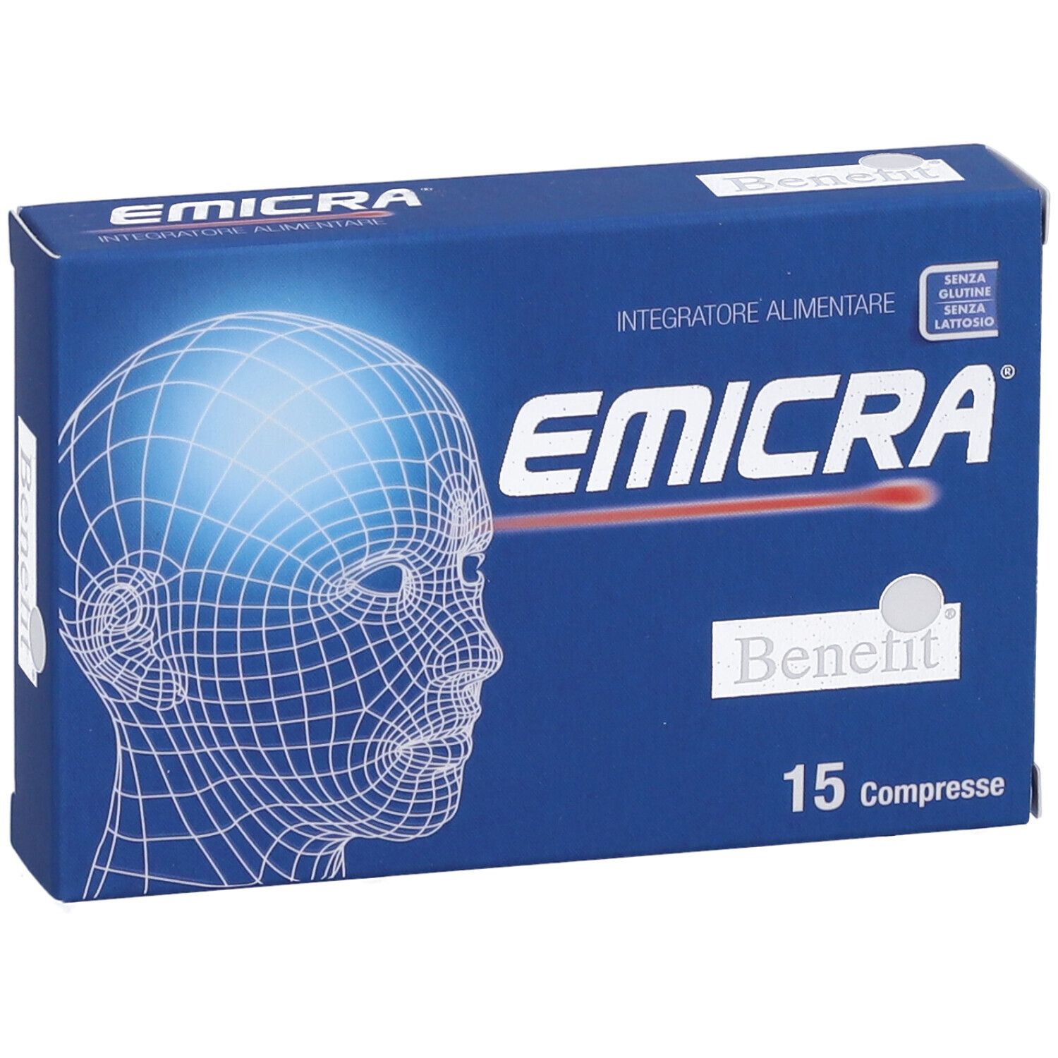 Scatola blu "Emicra" con volto stilizzato. Contiene 15 compresse. Scritta: "Integratore Alimentare". Senza glutine e lattosio.