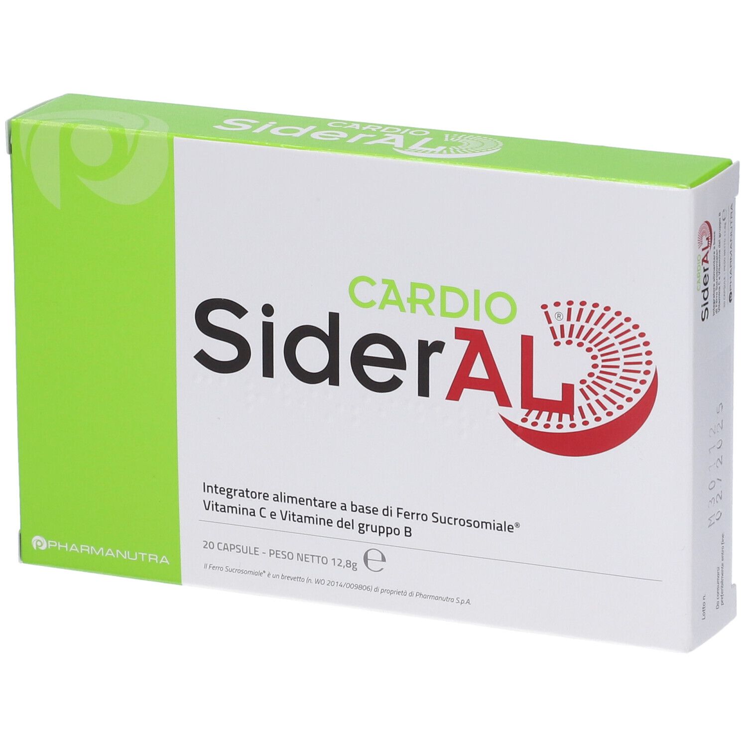 Scatola con scritta "Cardio SiderAL". Contiene 20 capsule. Scritto: Integratore alimentare.
