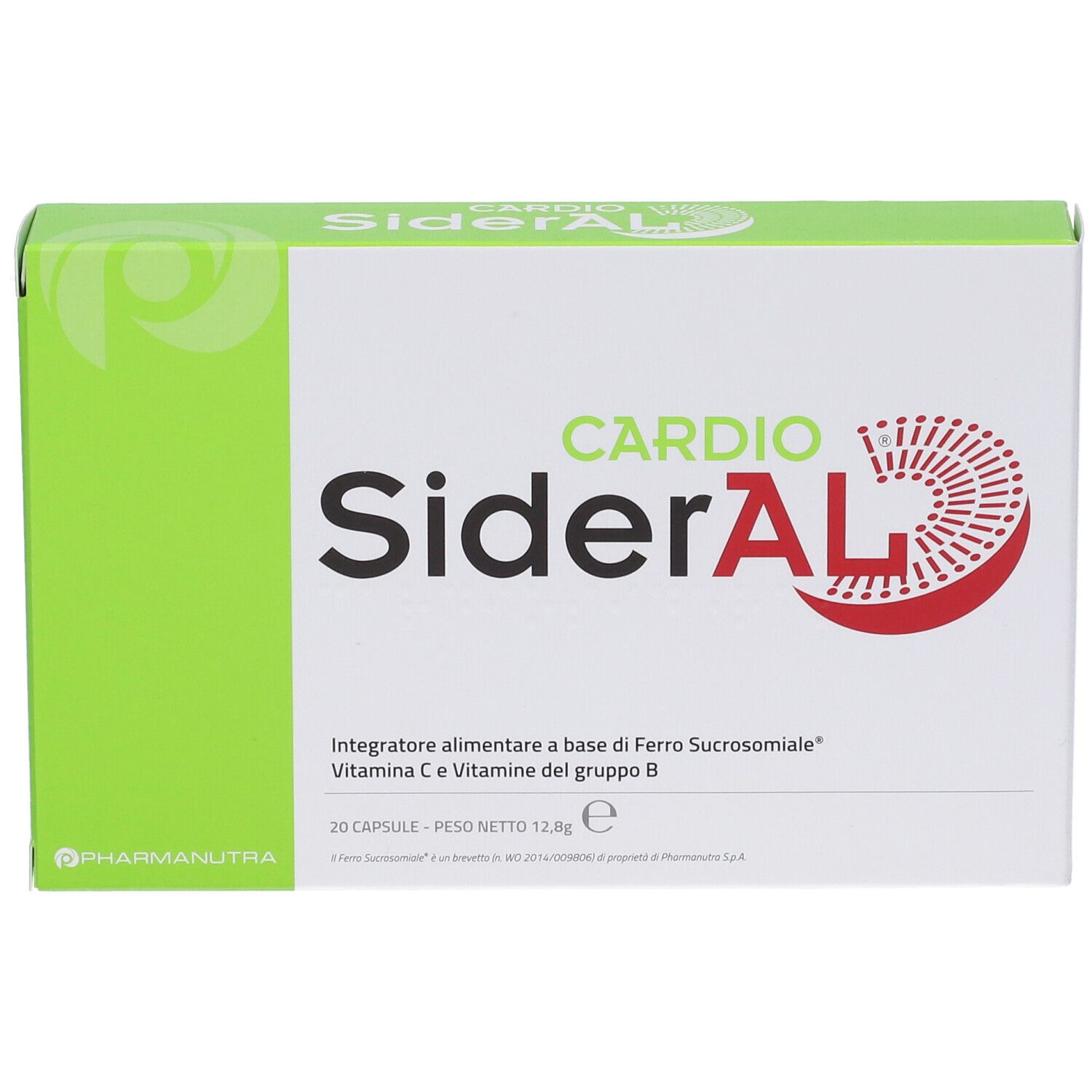 Scatola con scritta "Cardio SiderAL". Contiene 20 capsule. Scritto: Integratore alimentare.