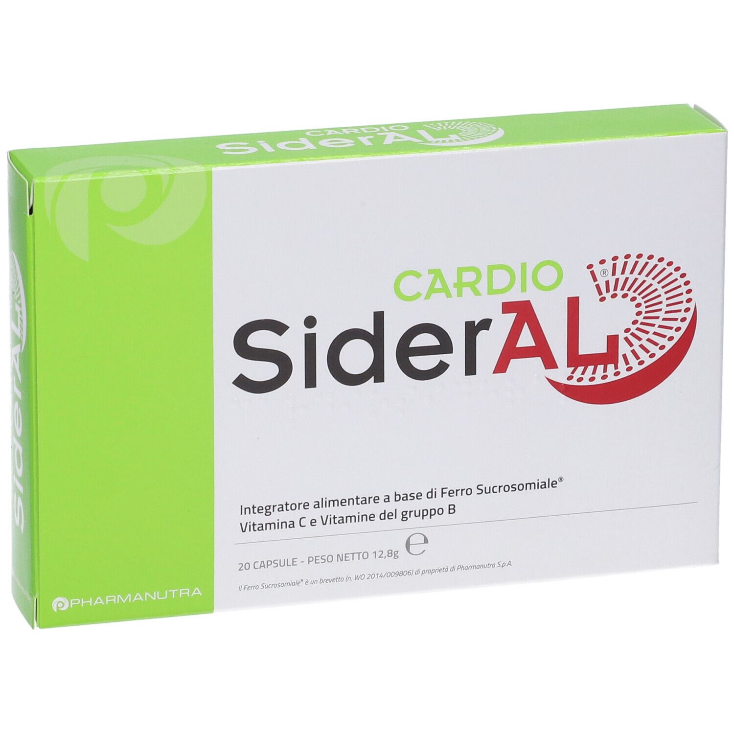 Scatola con scritta "Cardio SiderAL". Contiene 20 capsule. Scritto: Integratore alimentare.