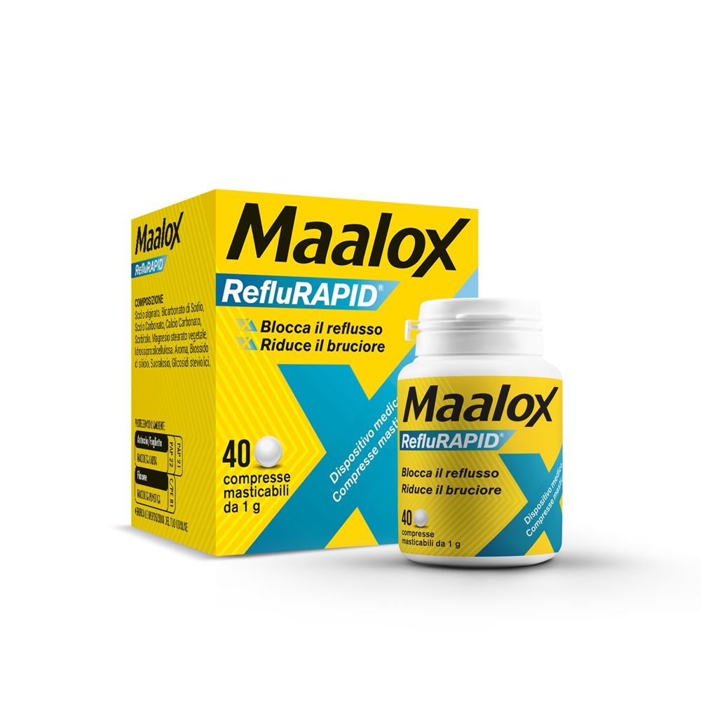 Maalox Reflurapid blocca il reflusso, neutralizza il bruciore da iperacidità, 40 Compresse
