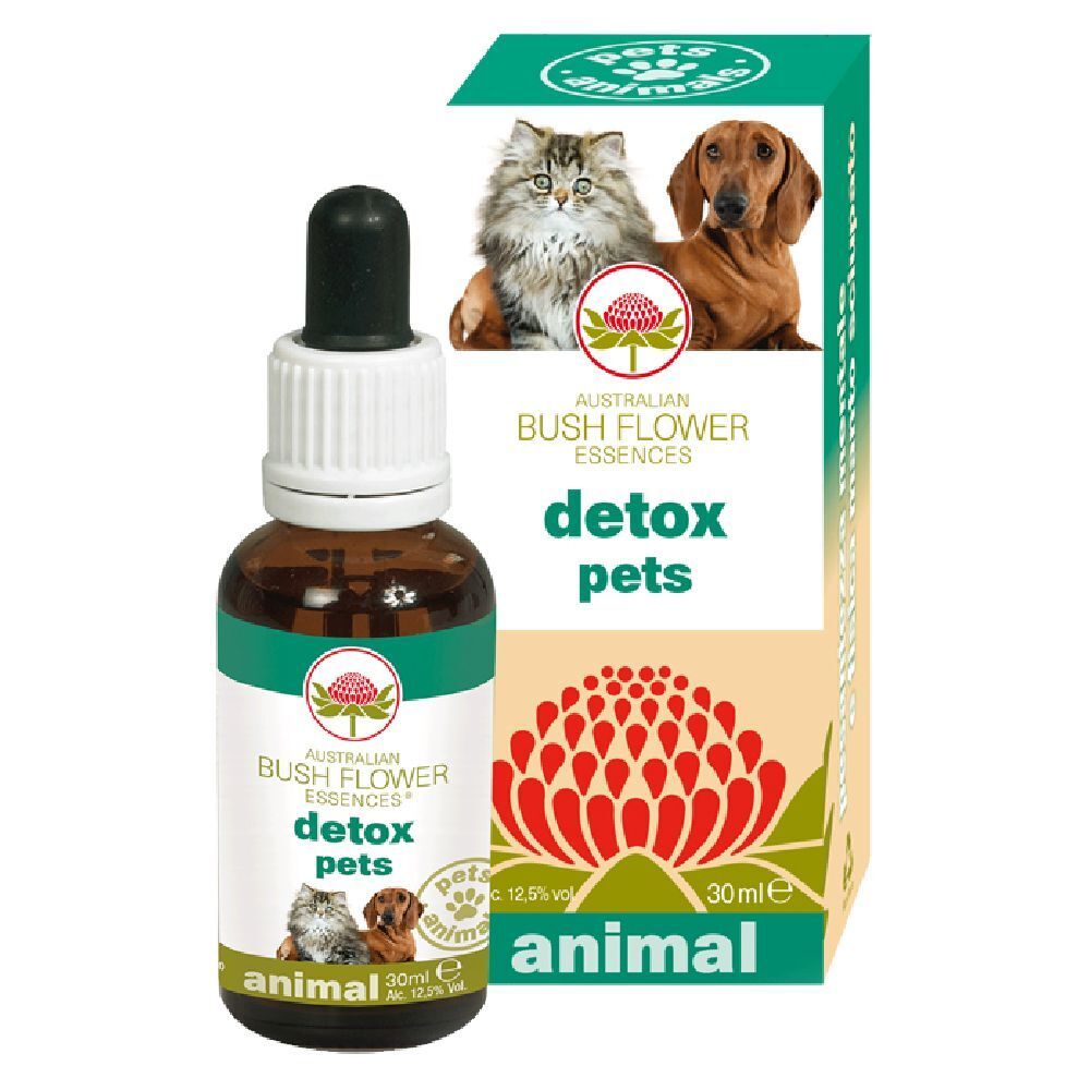 Flacone di vetro marrone con contagocce e confezione. Scritta: Detox Pets, 30 ml. Immagine di gatto e cane.