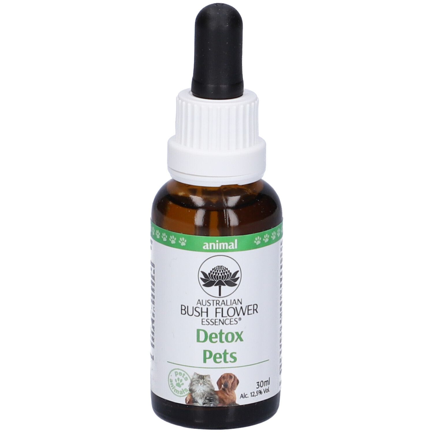 Flacone di vetro marrone con contagocce. Scritta: Detox Pets, 30 ml. Immagine di gatto e cane. Etichetta: animal.
