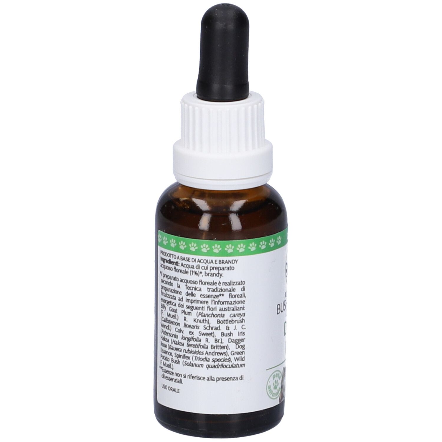 Flacone di vetro marrone con contagocce. Scritta: Detox Pets, 30 ml. Etichetta con ingredienti. Etichetta: animal.