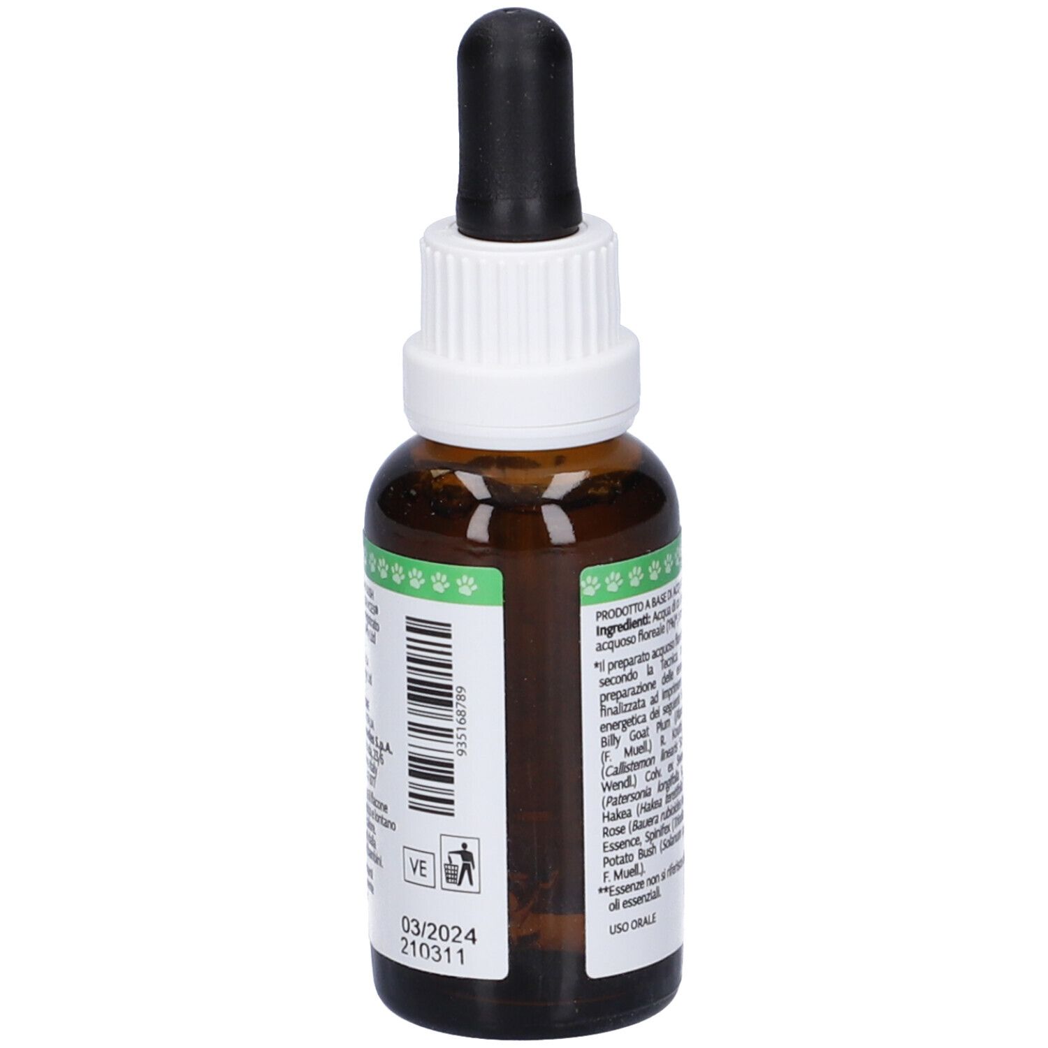 Flacone di vetro marrone con contagocce. Scritta: Detox Pets, 30 ml. Etichetta con ingredienti e data di scadenza. Etichetta: animal.