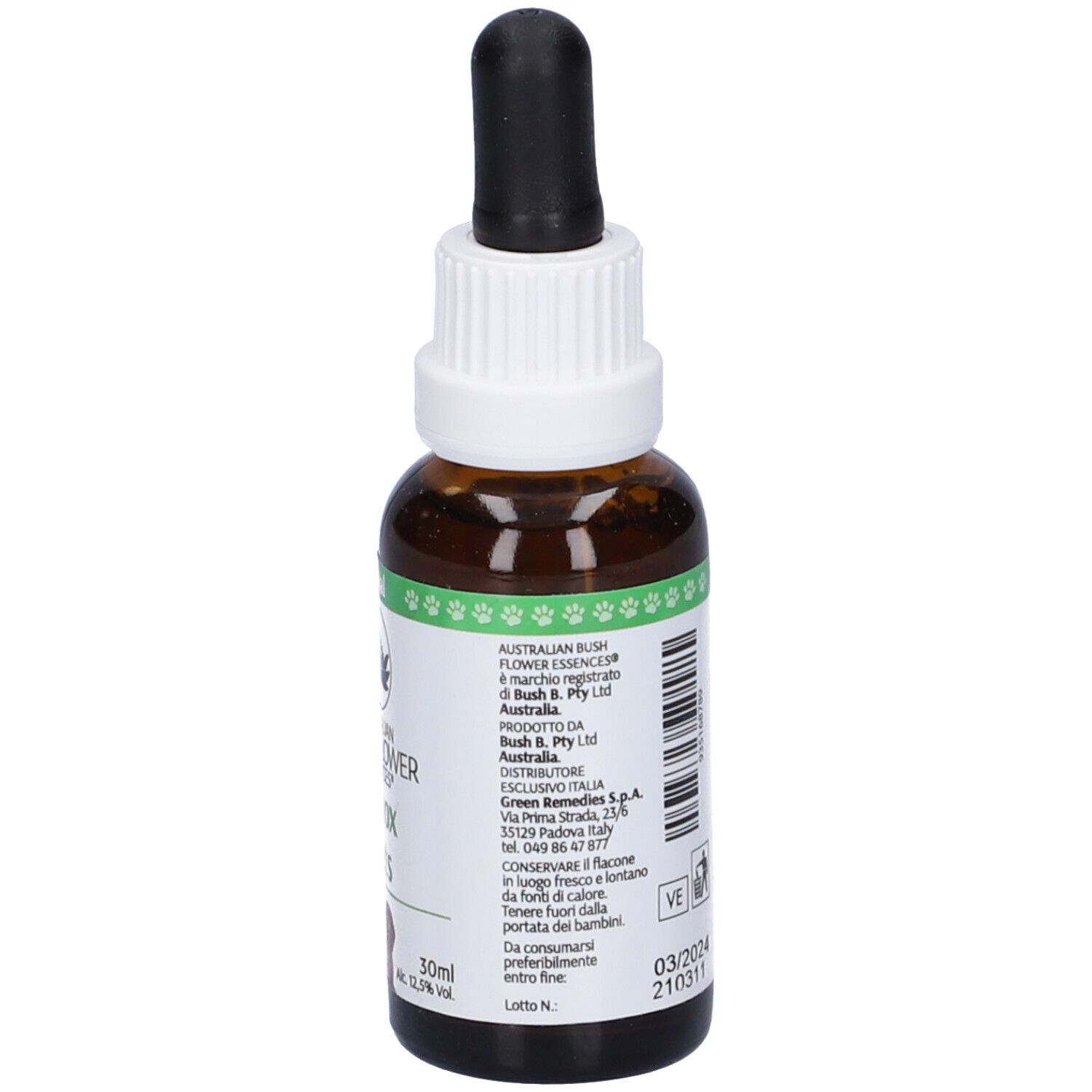 Flacone di vetro marrone con contagocce. Scritta: Detox Pets, 30 ml. Etichetta con indirizzo e data di scadenza. Etichetta: animal.