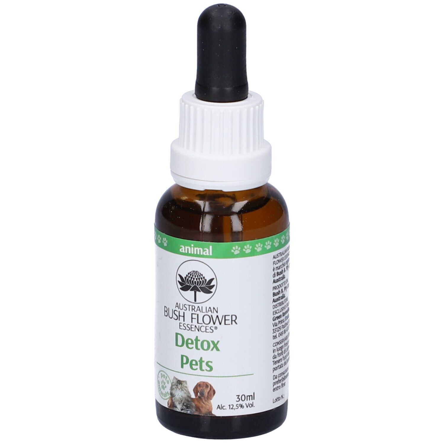Flacone di vetro marrone con contagocce. Scritta: Detox Pets, 30 ml. Etichetta con indirizzo e data di scadenza. Etichetta: animal.