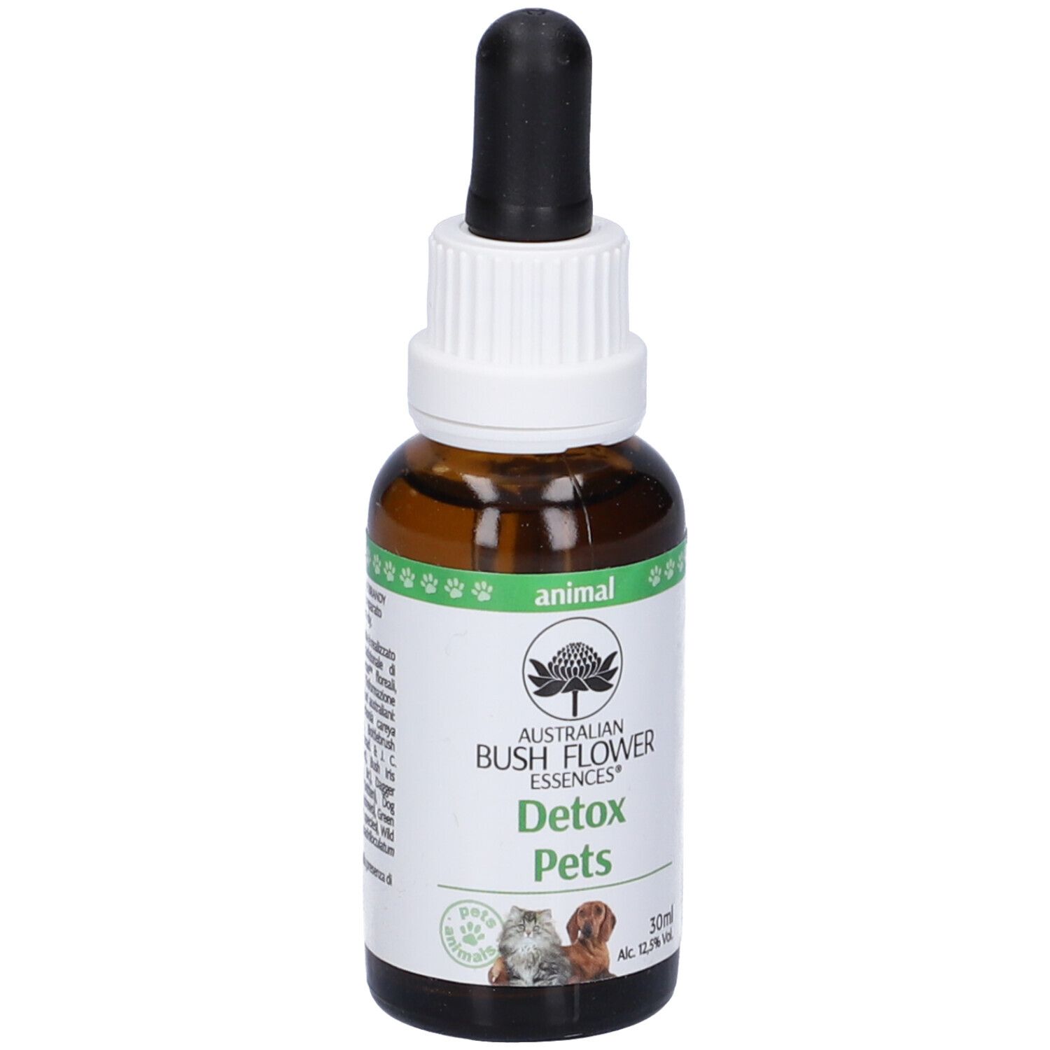 Flacone di vetro marrone con contagocce. Scritta: Detox Pets, 30 ml. Etichetta: animal. Immagine di gatto e cane.