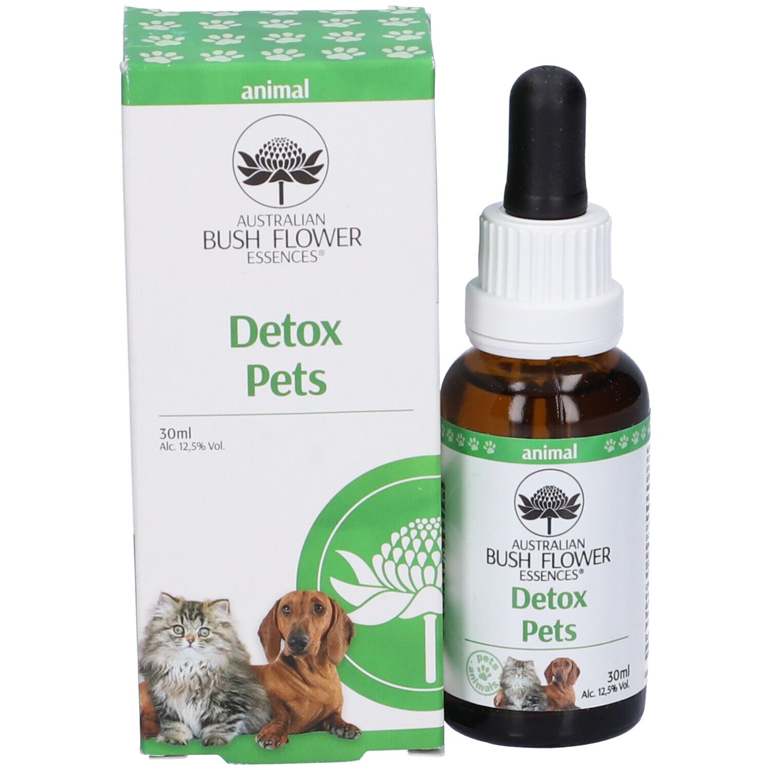 Flacone di vetro marrone con contagocce e confezione. Scritta: Detox Pets, 30 ml. Immagine di gatto e cane. Etichetta: animal.