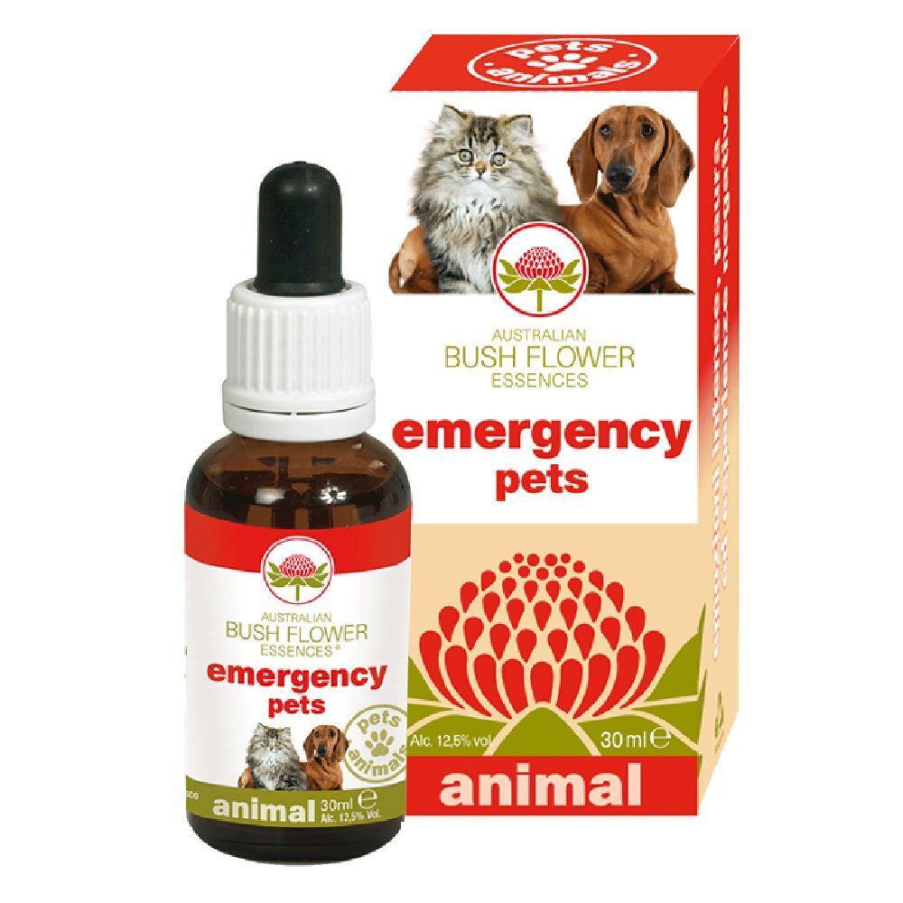 Flacone di vetro marrone con contagocce e confezione rossa. Scritta: Emergency Pets, 30ml. Immagine di gatto e cane.