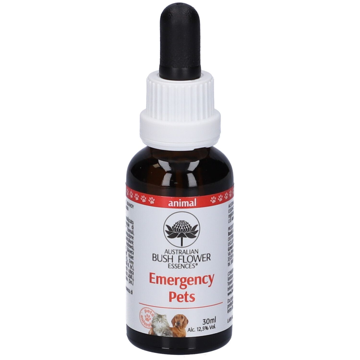 Flacone di vetro marrone con contagocce. Scritta: Emergency Pets, 30ml. Logo con fiore. Impronte di zampe.