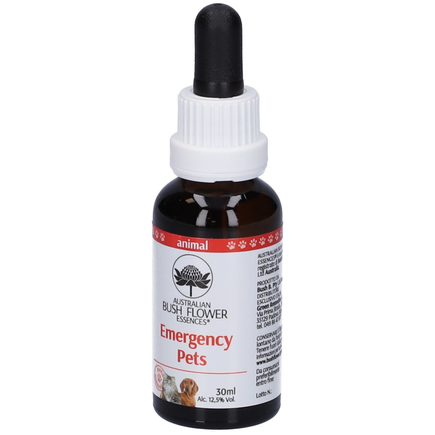 Flacone di vetro marrone con contagocce. Scritta: Emergency Pets. Logo con fiore. Impronte di zampe. Testo in italiano.