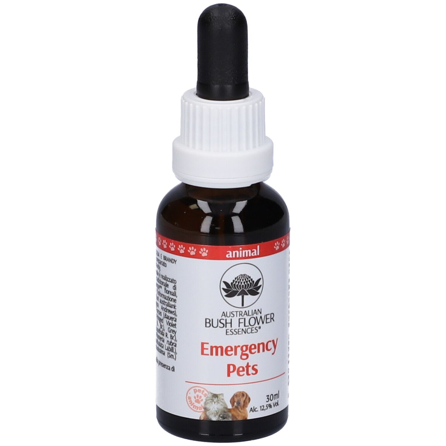 Flacone di vetro marrone con contagocce. Scritta: Emergency Pets. Logo con fiore. Impronte di zampe. Testo in italiano.