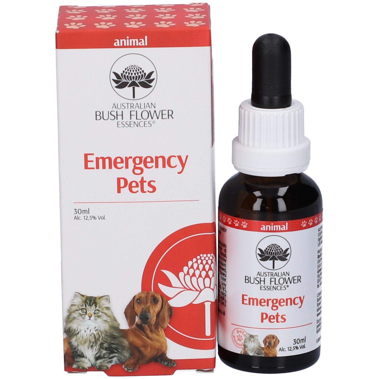 Flacone di vetro marrone con contagocce e confezione rossa. Scritta: Emergency Pets, 30ml. Logo con fiore. Gatto e cane.