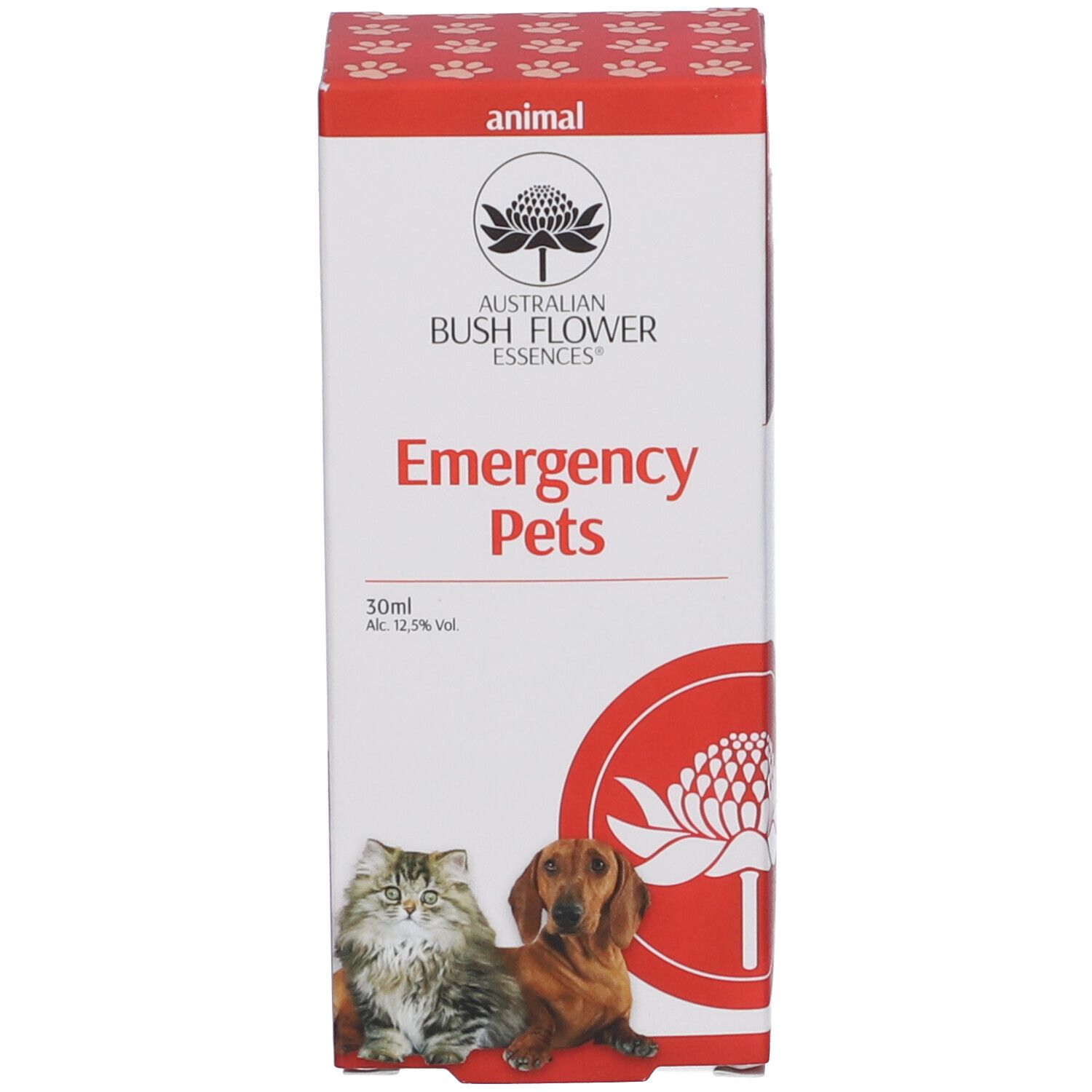 Confezione rossa con scritta: Emergency Pets, 30ml. Logo con fiore. Immagine di gatto e cane.