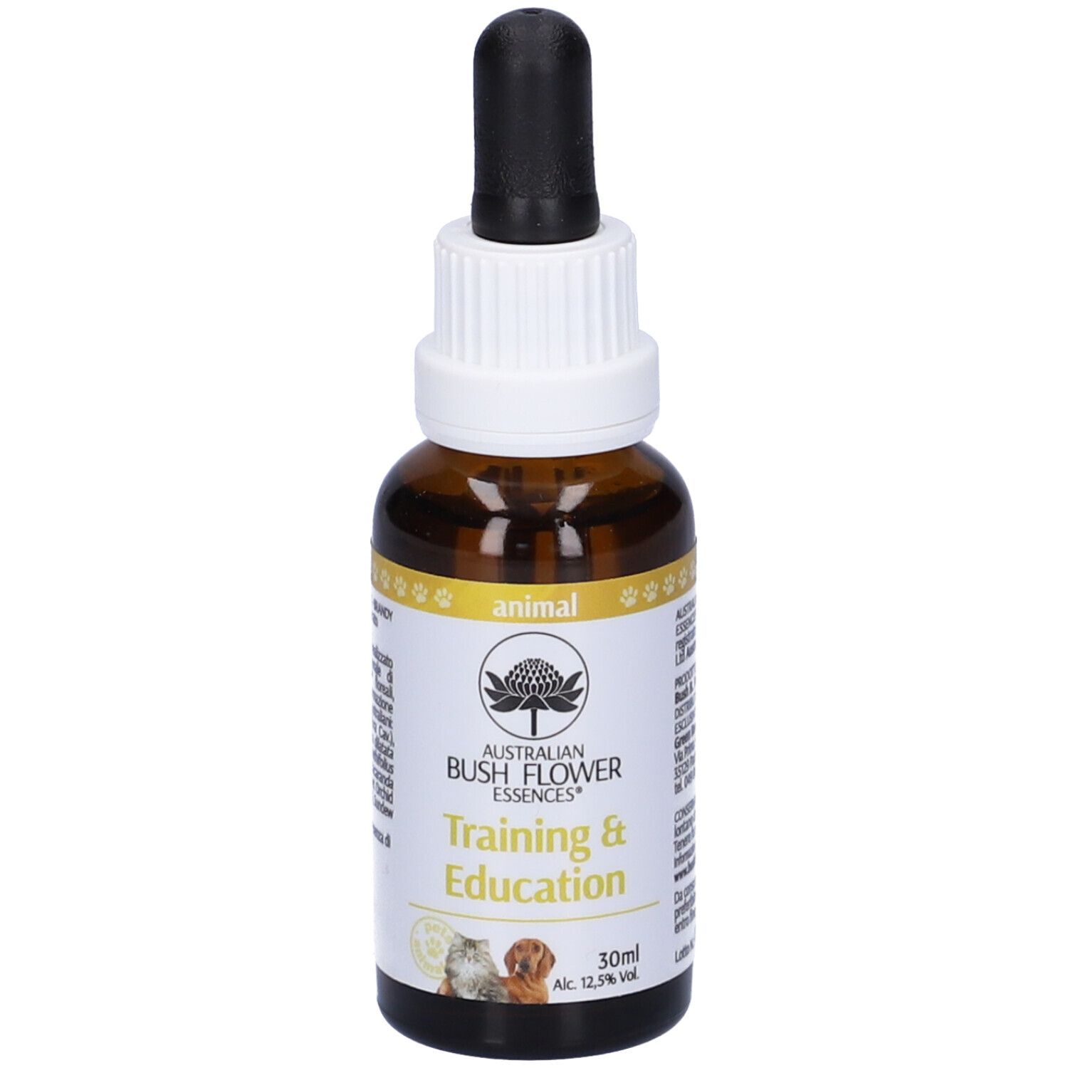 Flacone di vetro marrone con contagocce. Scritta: Training & Education. Etichetta con logo e testo. 30ml.