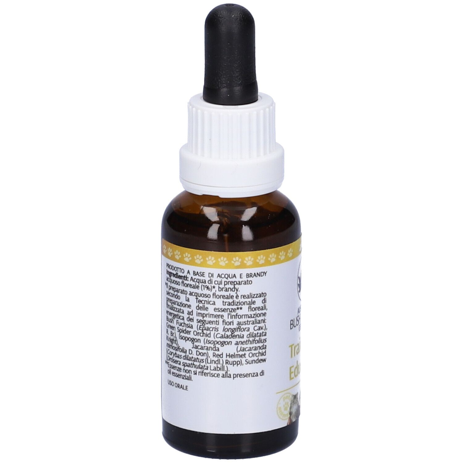 Flacone di vetro marrone con contagocce. Etichetta con testo. Scritta: Training & Education. 30ml. Simbolo di zampe.